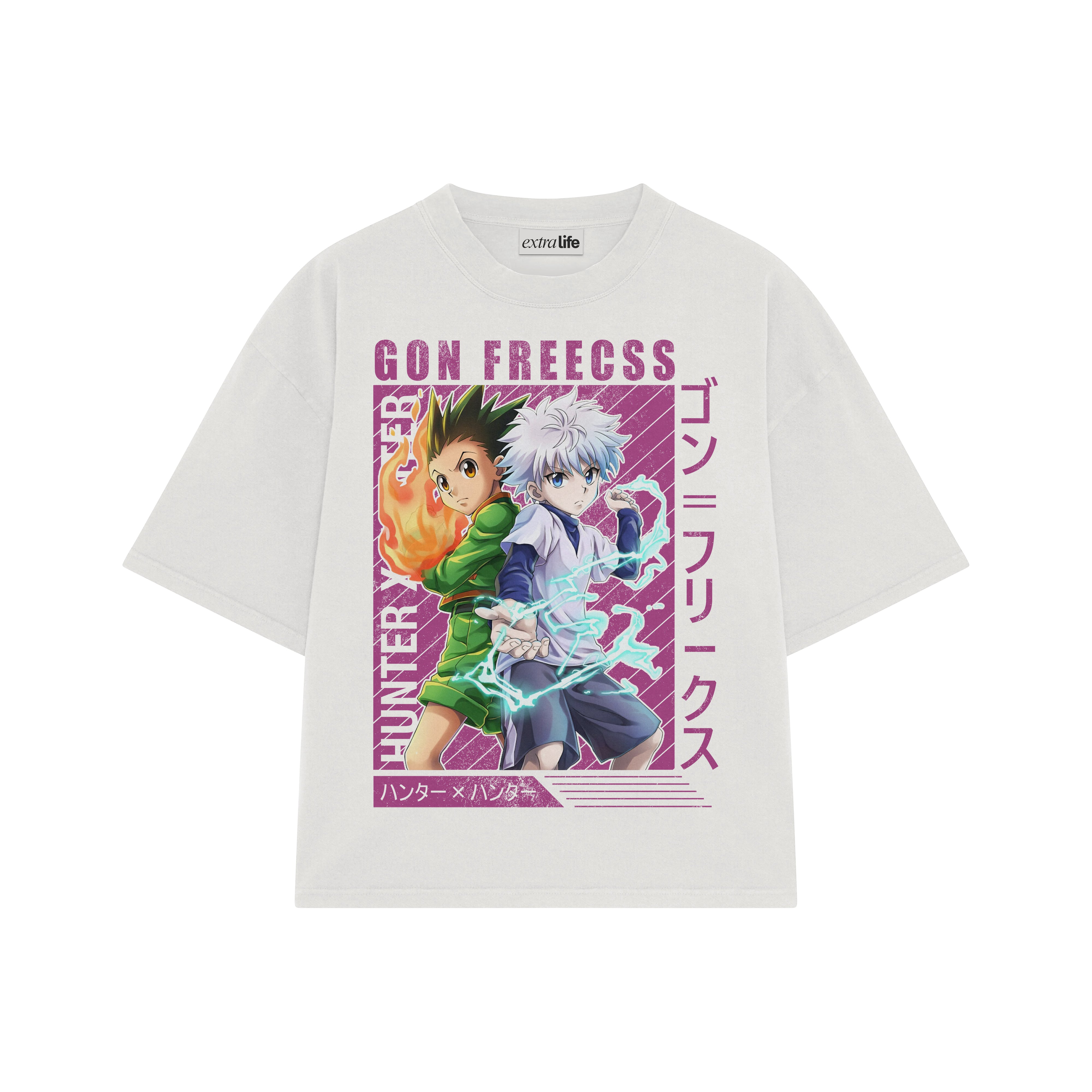 Playera streetwear premium de anime y gaming ExtraLife MX, corte boxy oversized drop shoulder heavyweight en color Deep Black y Off-White, moda urbana mexicana de culto.