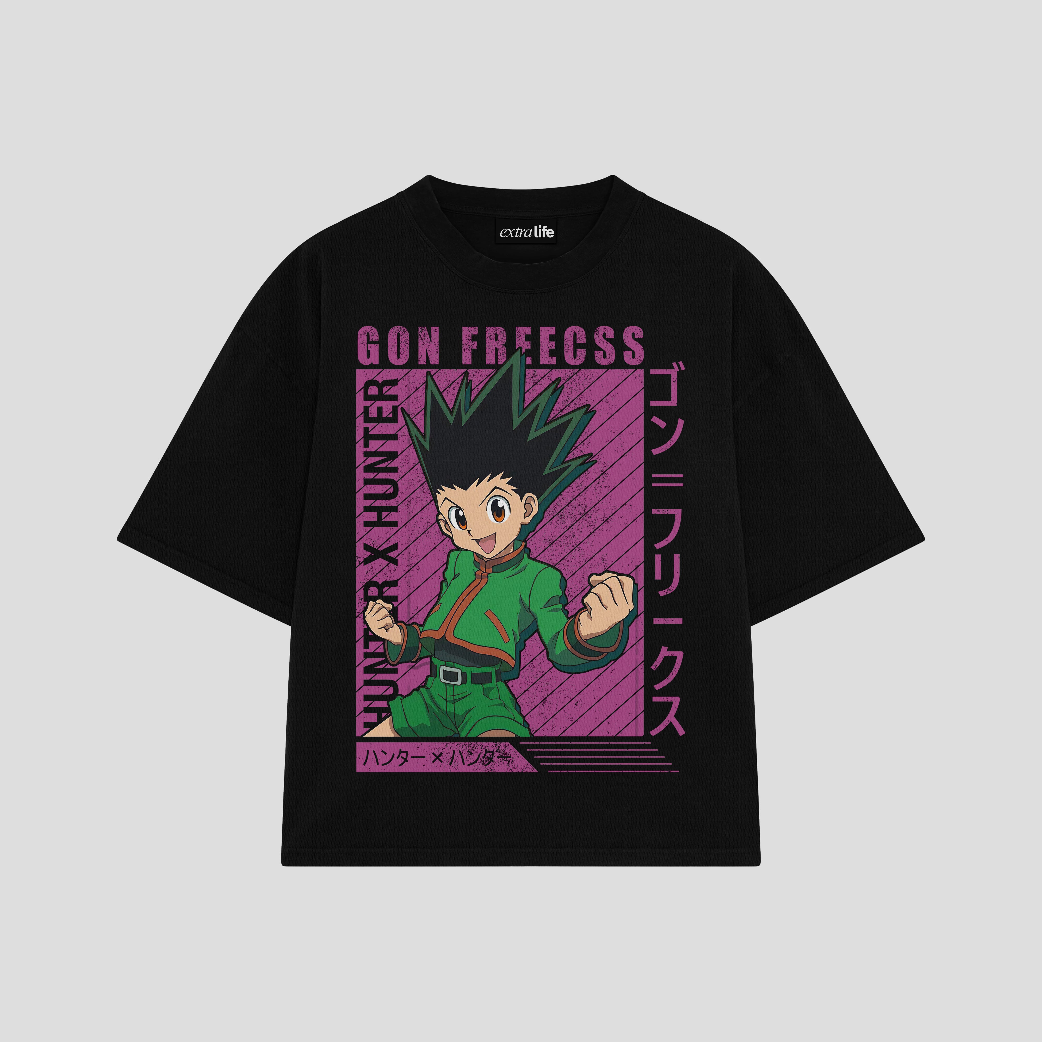 Playera streetwear premium de anime y gaming ExtraLife MX, corte boxy oversized drop shoulder heavyweight en color Deep Black y Off-White, moda urbana mexicana de culto.