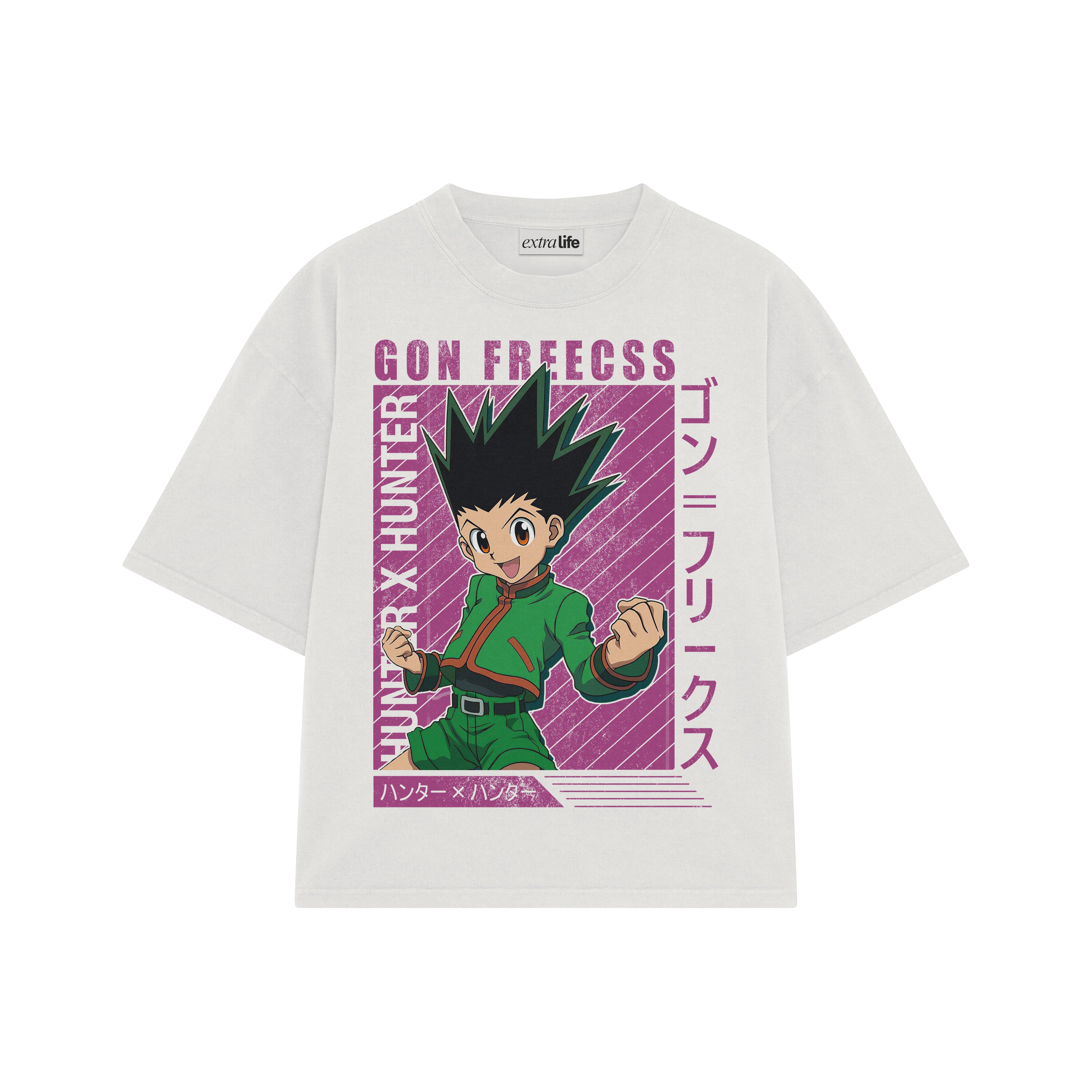 Playera streetwear premium de anime y gaming ExtraLife MX, corte boxy oversized drop shoulder heavyweight en color Deep Black y Off-White, moda urbana mexicana de culto.
