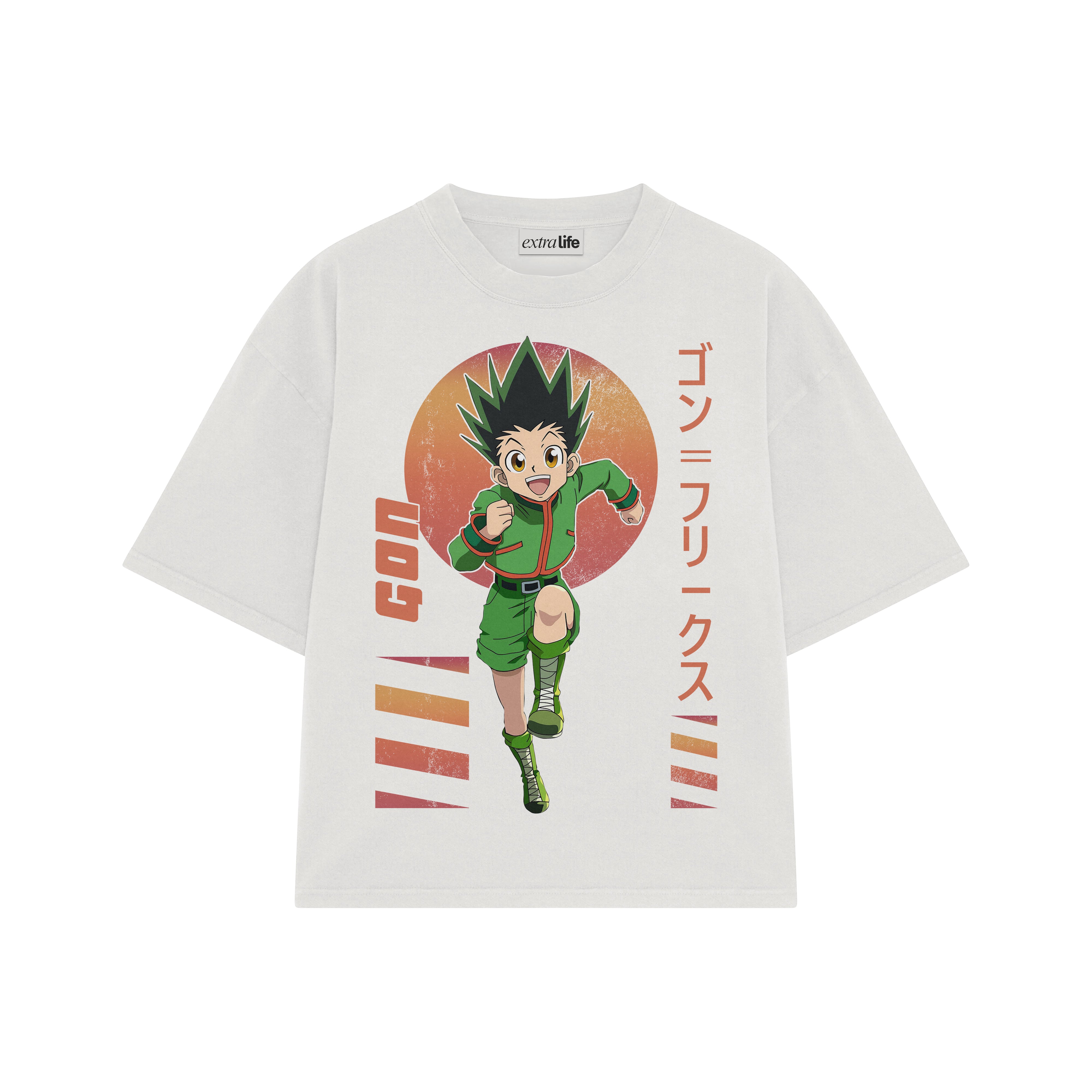 Playera streetwear premium de anime y gaming ExtraLife MX, corte boxy oversized drop shoulder heavyweight en color Deep Black y Off-White, moda urbana mexicana de culto.