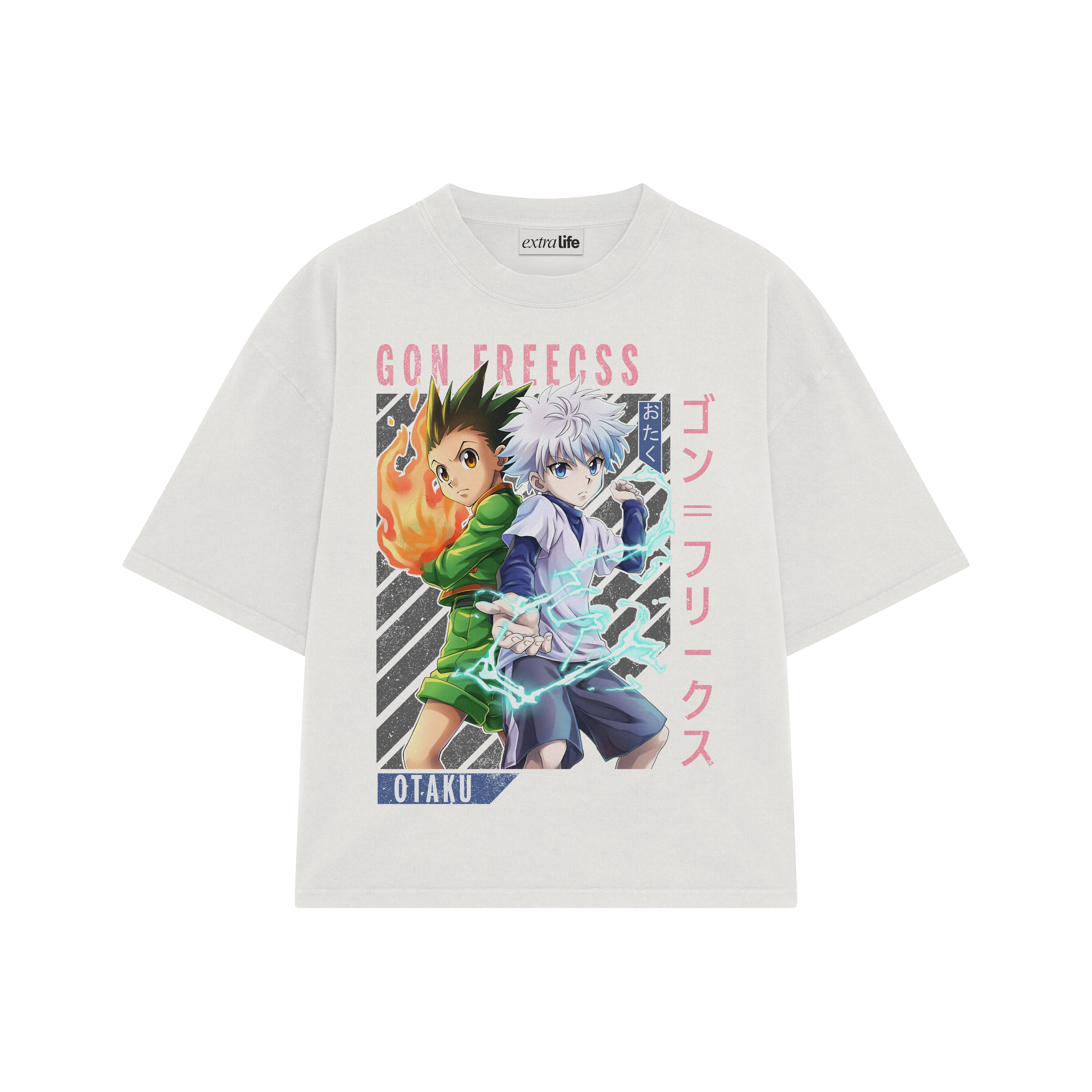 Playera streetwear premium de anime y gaming ExtraLife MX, corte boxy oversized drop shoulder heavyweight en color Deep Black y Off-White, moda urbana mexicana de culto.