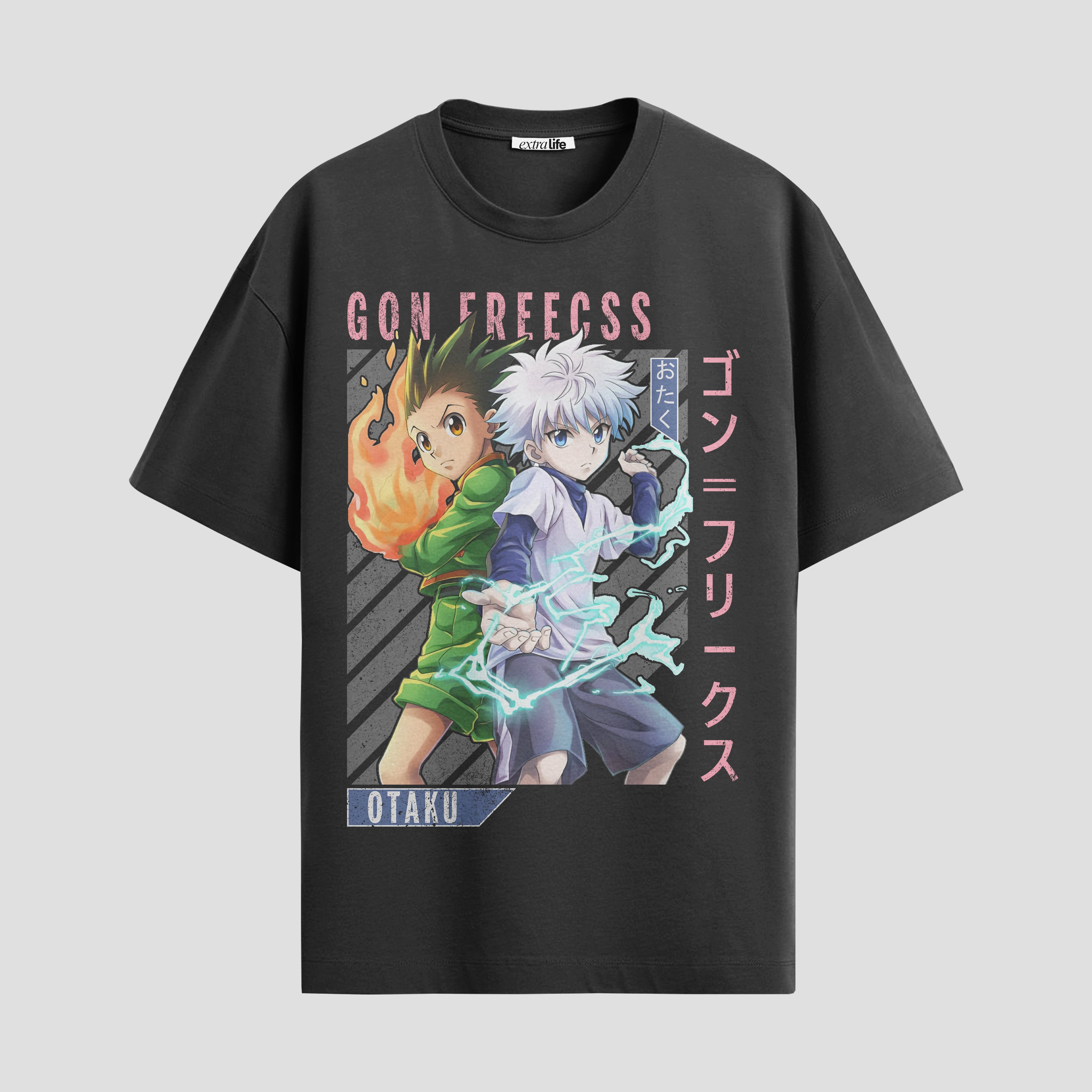 Playera urbana de anime y gaming ExtraLife MX, corte Standard Fit unisex ligero y transpirable en color Deep Black y Pure White, ropa de uso diario para gym y casual.