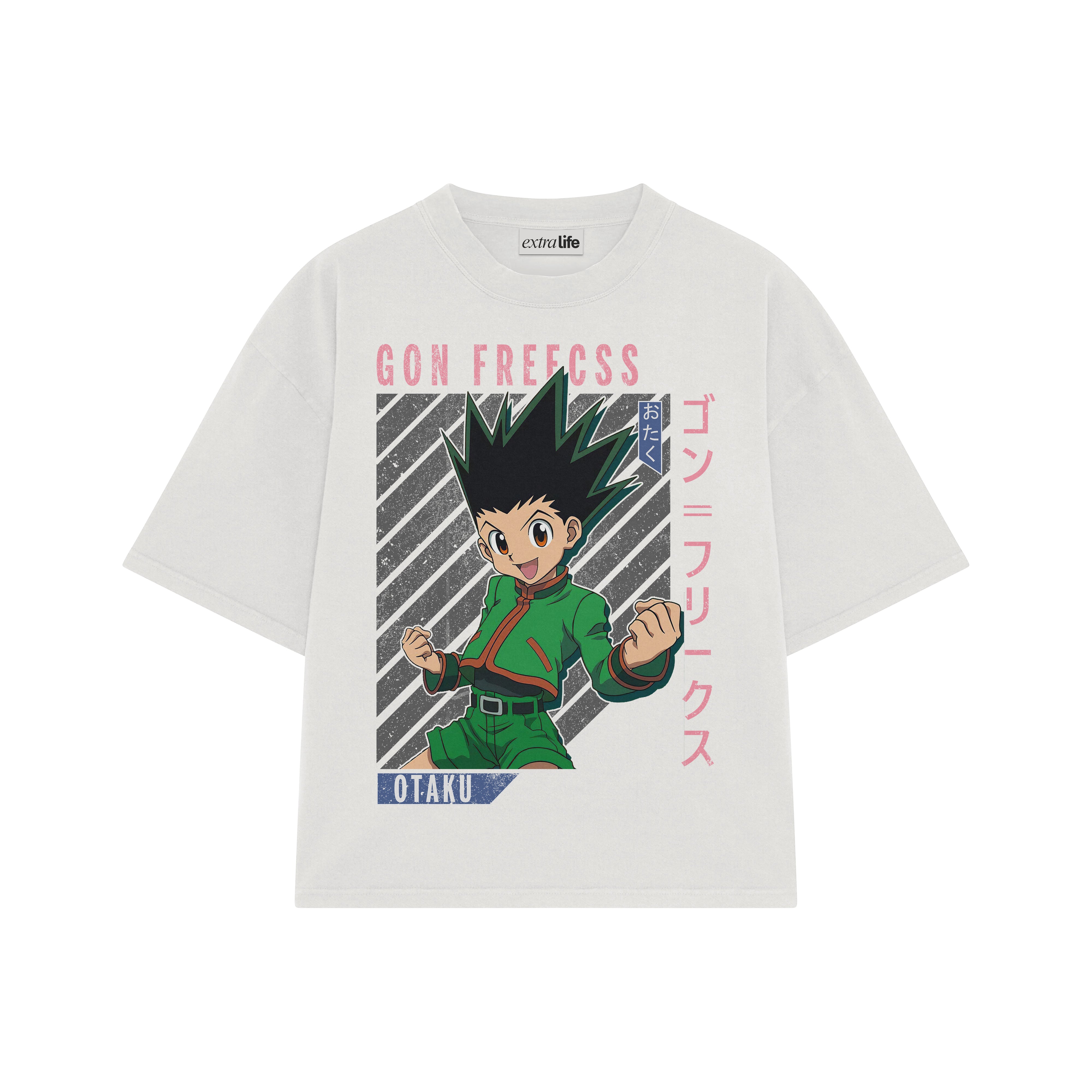 Playera streetwear premium de anime y gaming ExtraLife MX, corte boxy oversized drop shoulder heavyweight en color Deep Black y Off-White, moda urbana mexicana de culto.