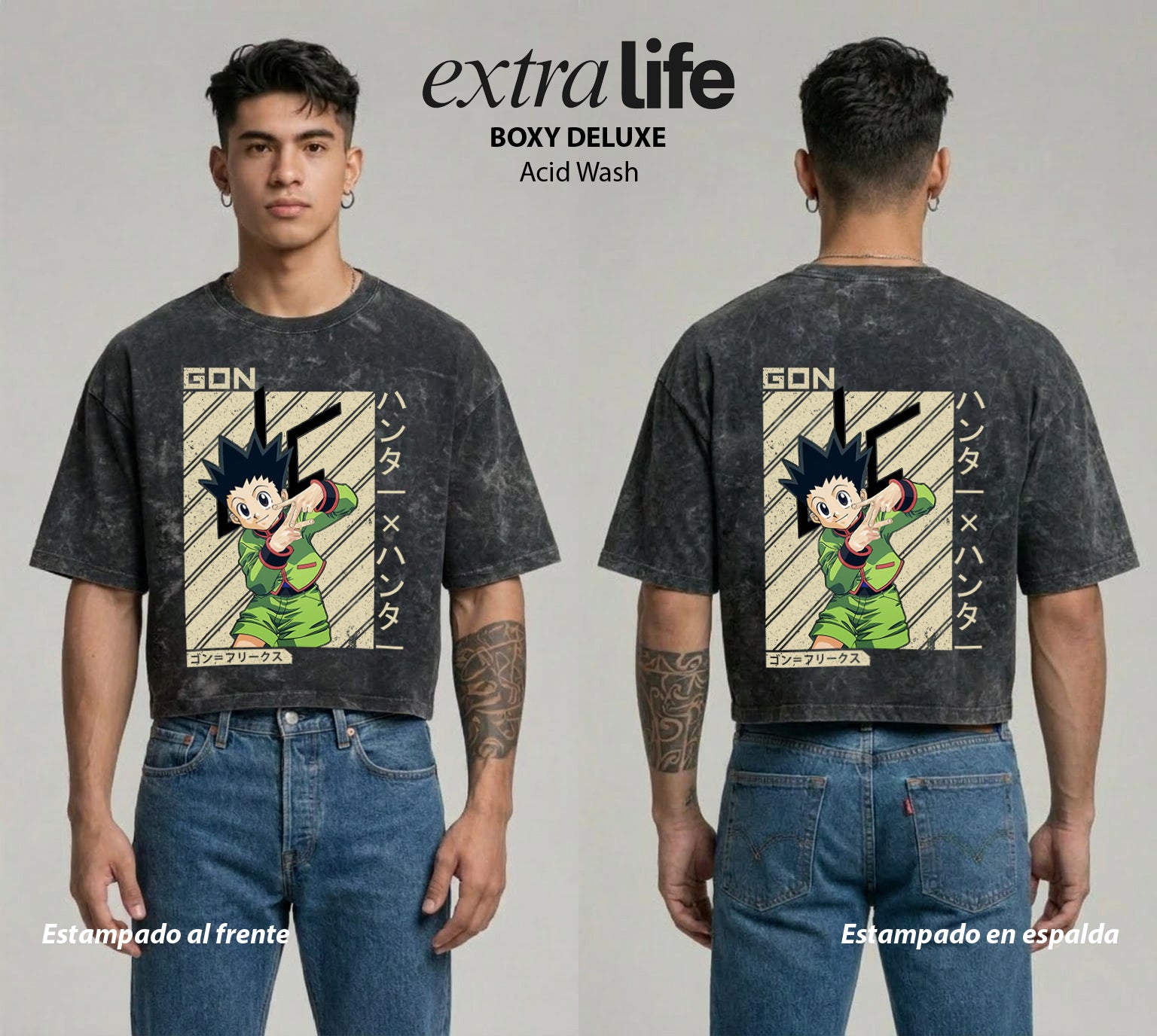 Playera streetwear premium de anime y gaming ExtraLife MX, corte boxy deluxe mineral wash heavyweight en color Acid Wash, moda urbana mexicana de culto.