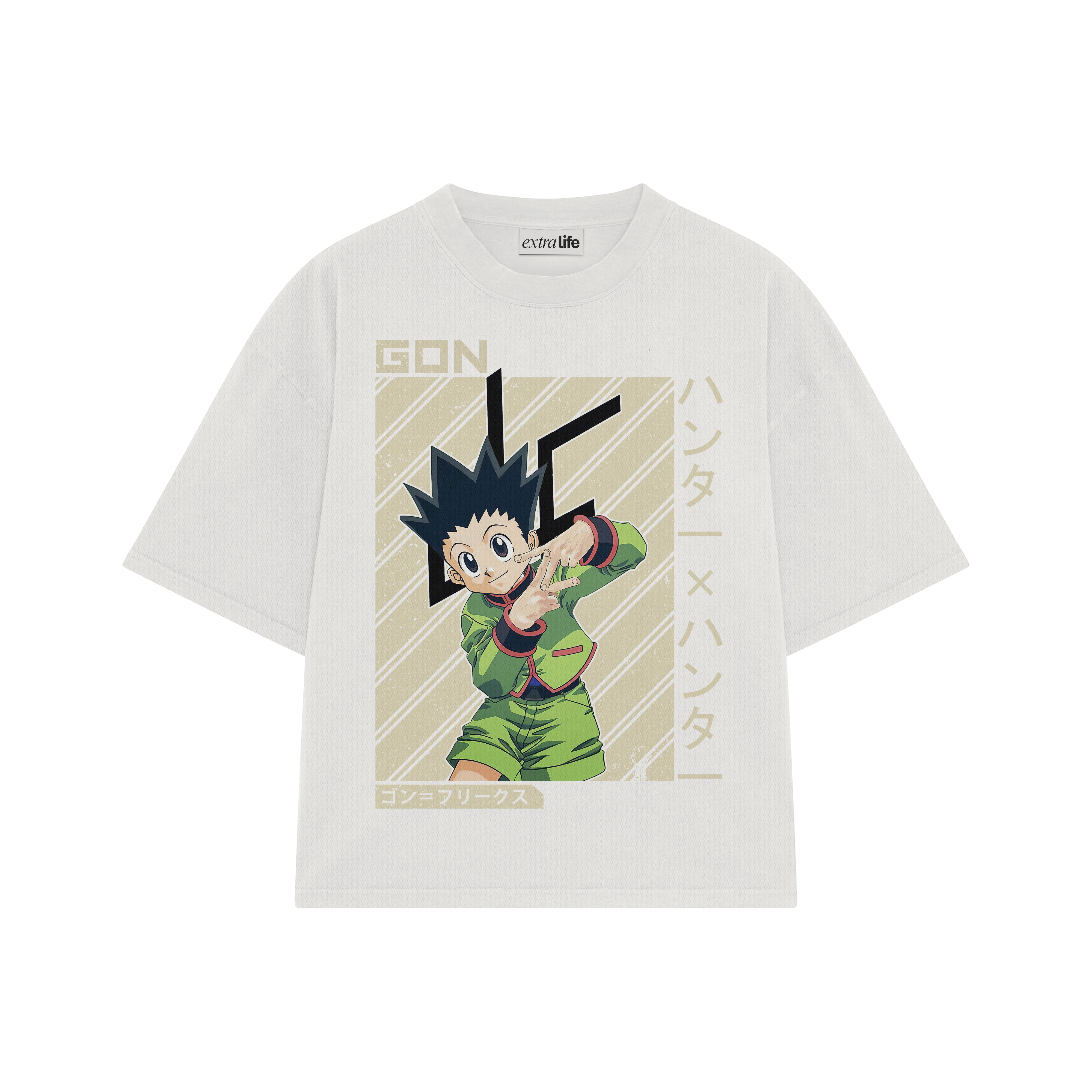 Playera streetwear premium de anime y gaming ExtraLife MX, corte boxy oversized drop shoulder heavyweight en color Deep Black y Off-White, moda urbana mexicana de culto.