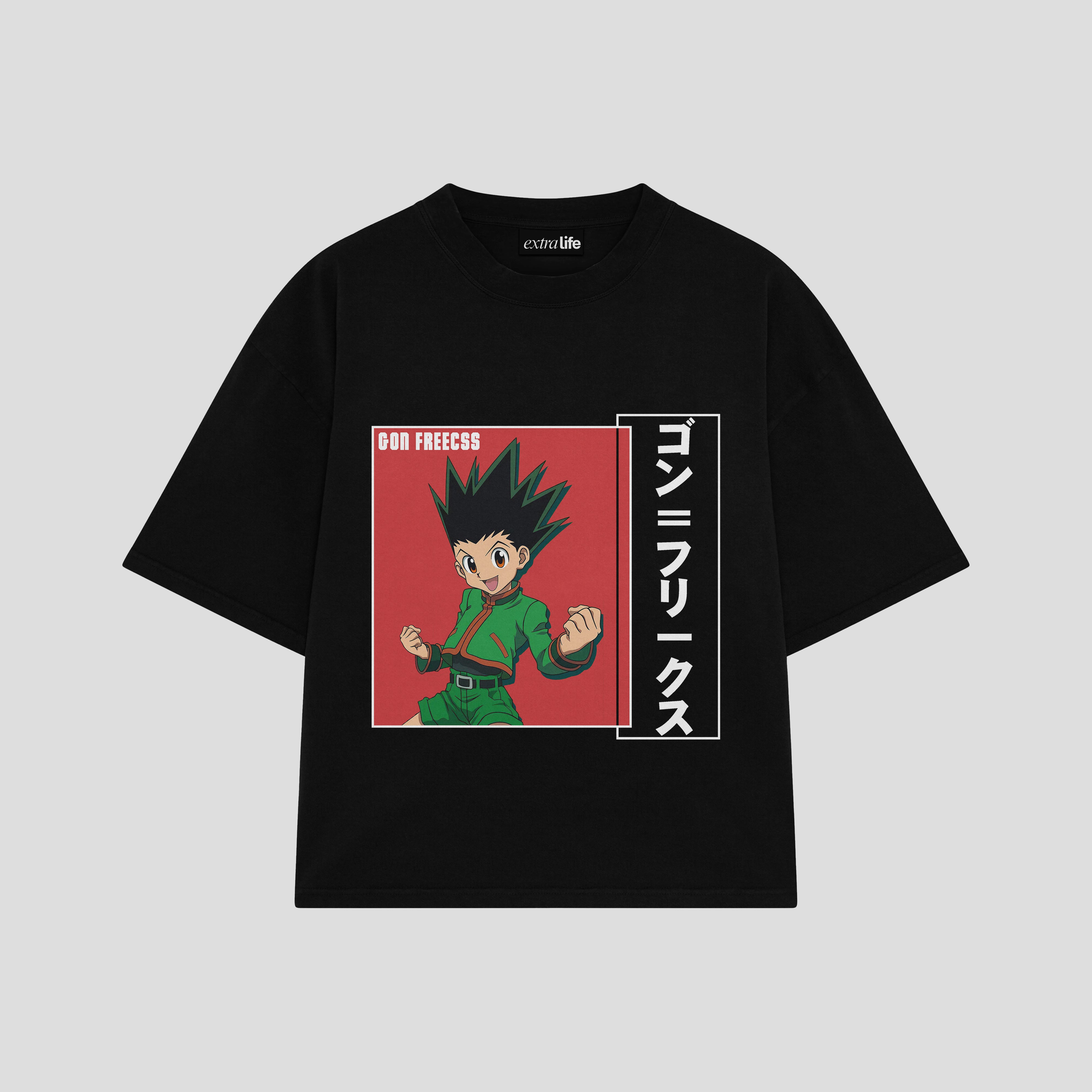 Playera streetwear premium de anime y gaming ExtraLife MX, corte boxy oversized drop shoulder heavyweight en color Deep Black y Off-White, moda urbana mexicana de culto.