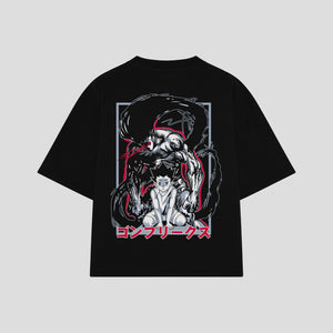 Playera streetwear premium de anime y gaming ExtraLife MX, corte boxy oversized drop shoulder heavyweight en color Deep Black y Off-White, moda urbana mexicana de culto.