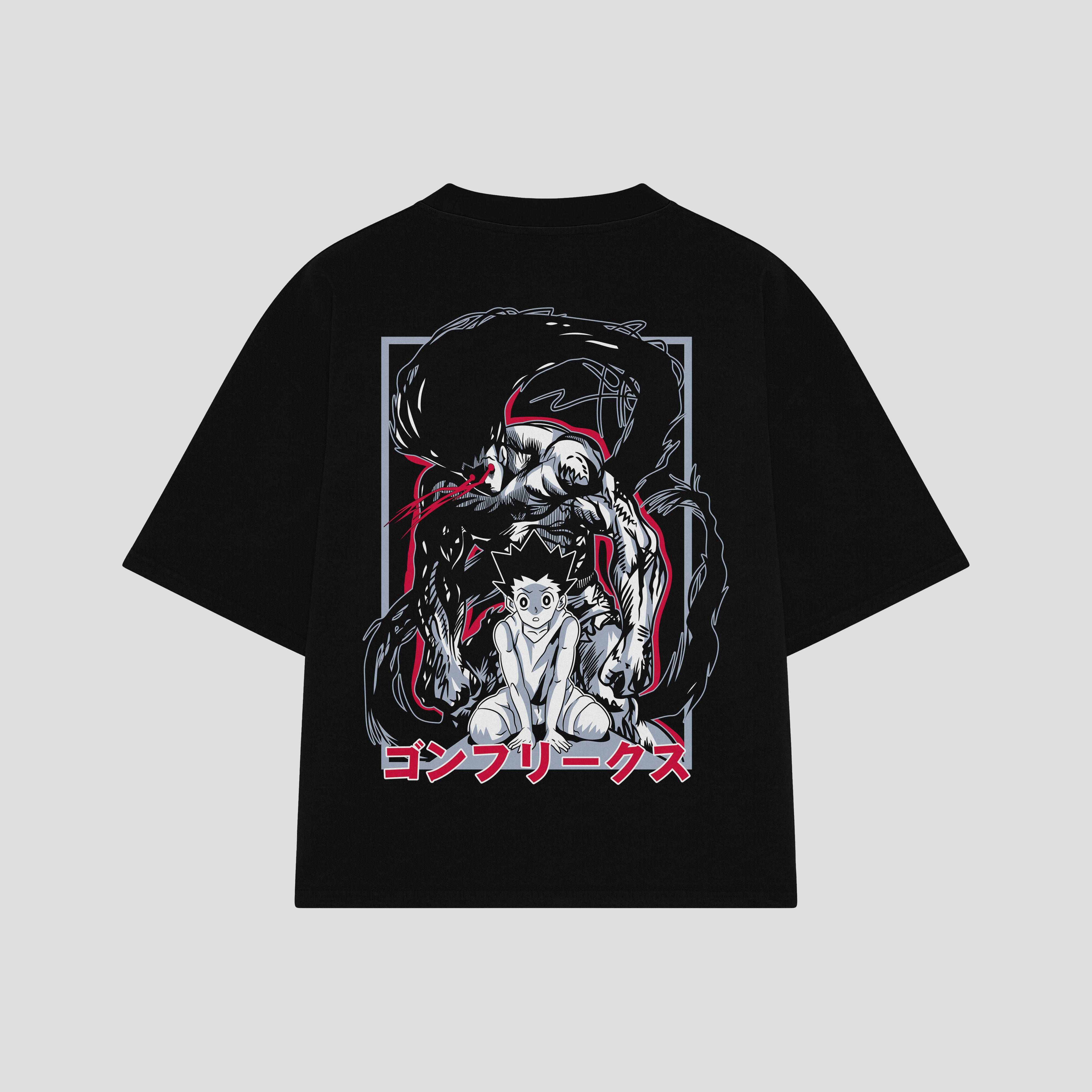 Playera streetwear premium de anime y gaming ExtraLife MX, corte boxy oversized drop shoulder heavyweight en color Deep Black y Off-White, moda urbana mexicana de culto.