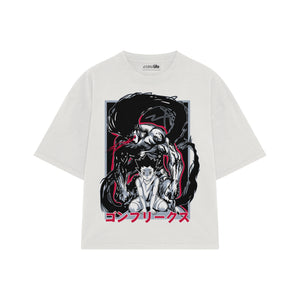 Playera streetwear premium de anime y gaming ExtraLife MX, corte boxy oversized drop shoulder heavyweight en color Deep Black y Off-White, moda urbana mexicana de culto.