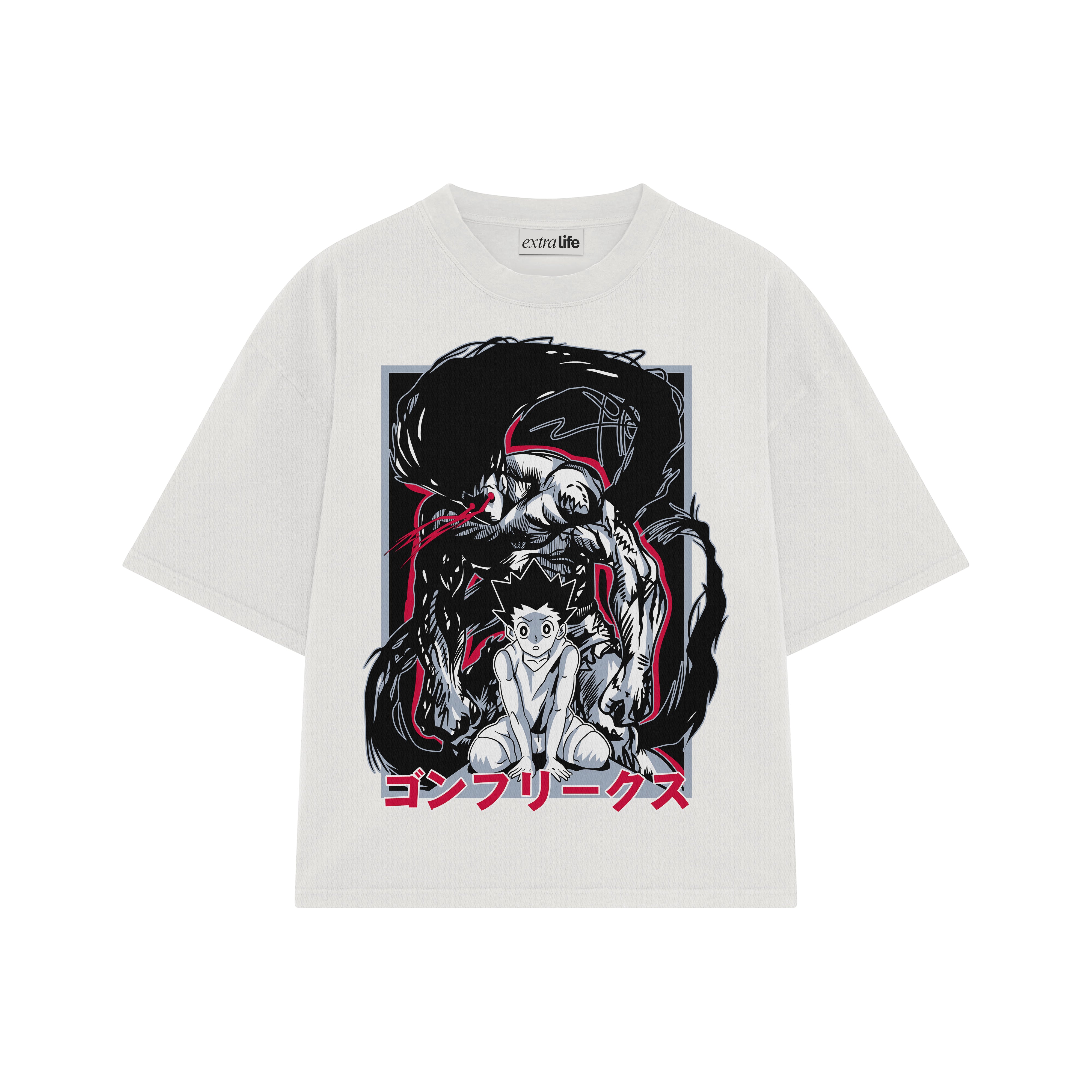 Playera streetwear premium de anime y gaming ExtraLife MX, corte boxy oversized drop shoulder heavyweight en color Deep Black y Off-White, moda urbana mexicana de culto.
