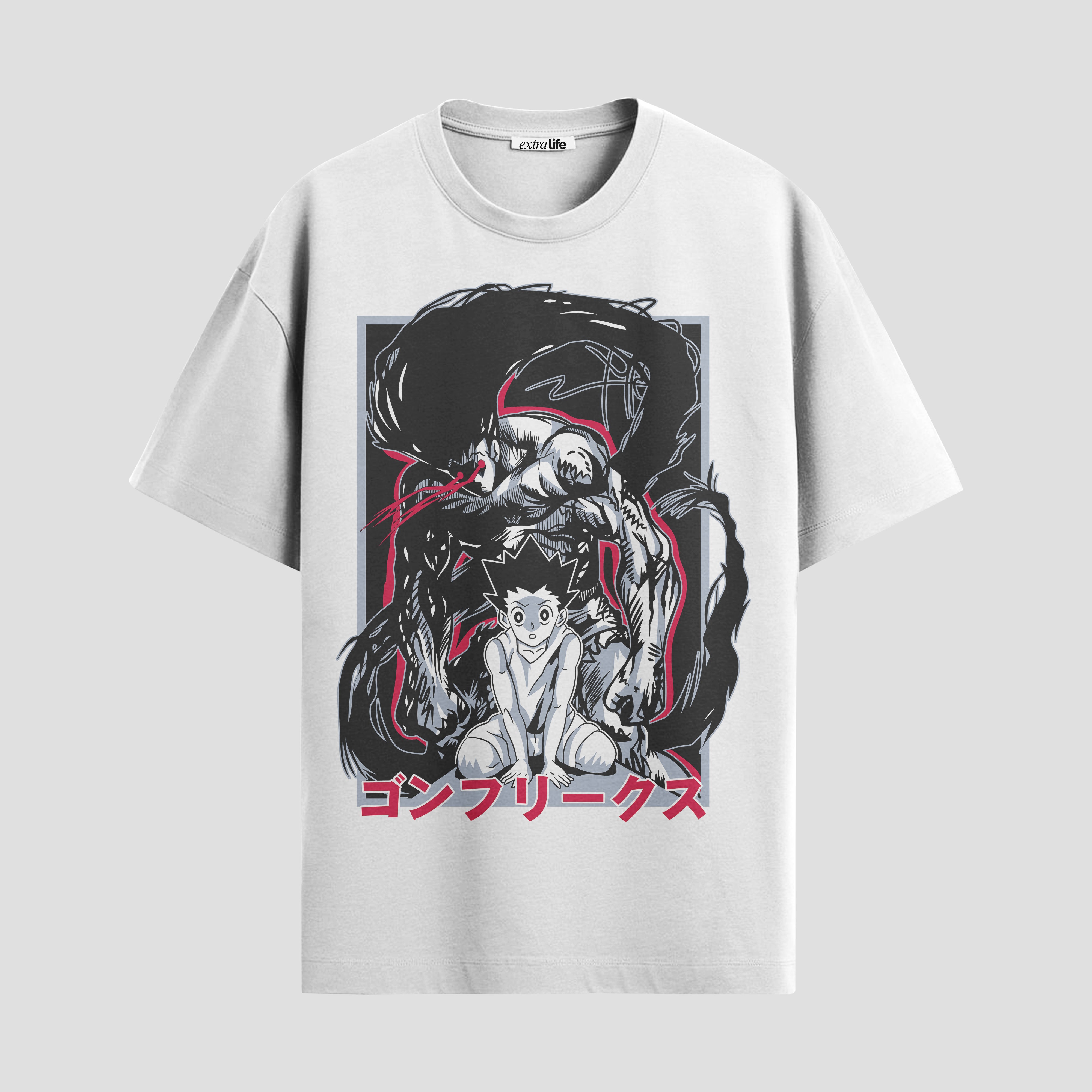 Playera urbana de anime y gaming ExtraLife MX, corte Standard Fit unisex ligero y transpirable en color Deep Black y Pure White, ropa de uso diario para gym y casual.