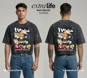 Playera streetwear premium de anime y gaming ExtraLife MX, corte boxy deluxe mineral wash heavyweight en color Acid Wash, moda urbana mexicana de culto.