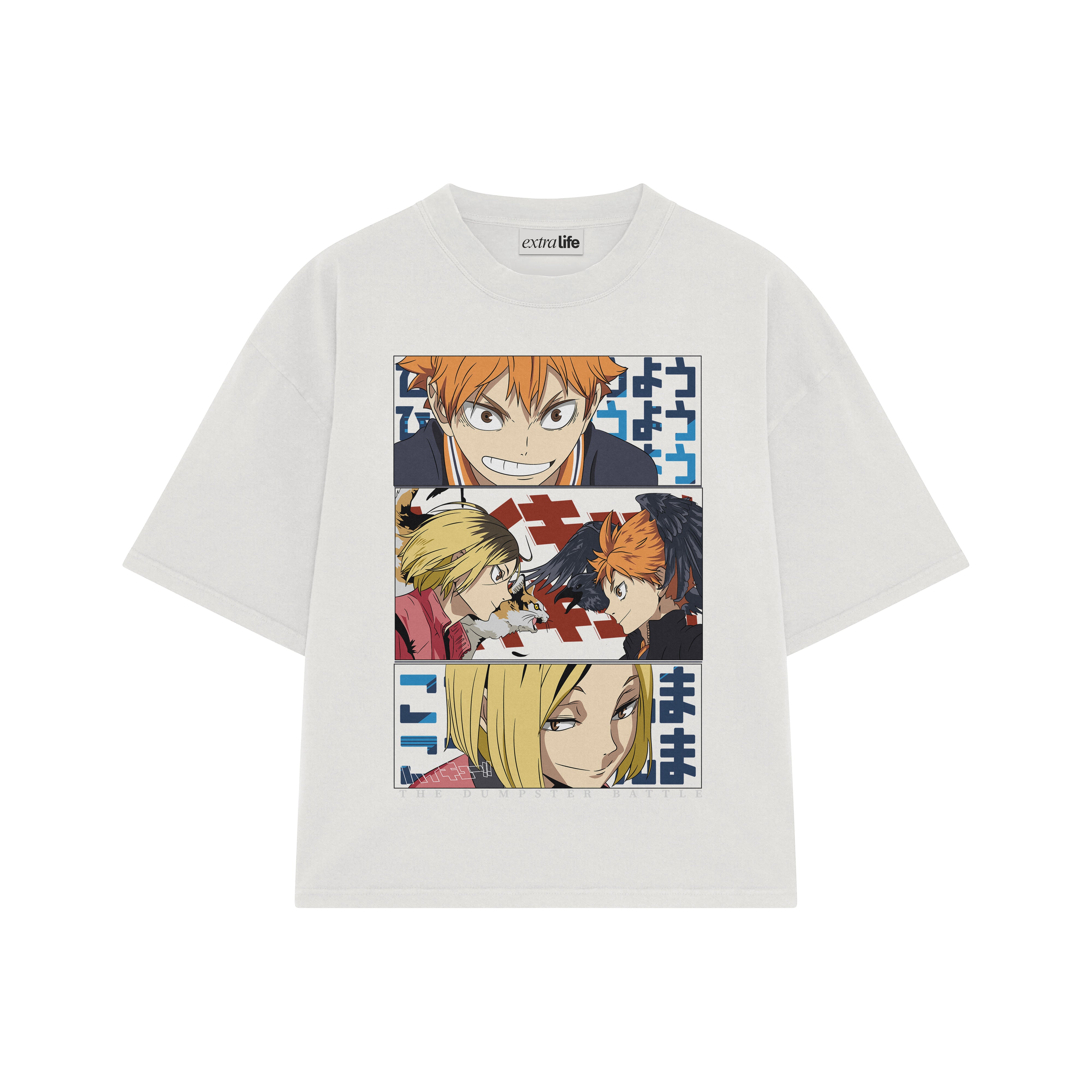 Playera streetwear premium de anime y gaming ExtraLife MX, corte boxy oversized drop shoulder heavyweight en color Deep Black y Off-White, moda urbana mexicana de culto.