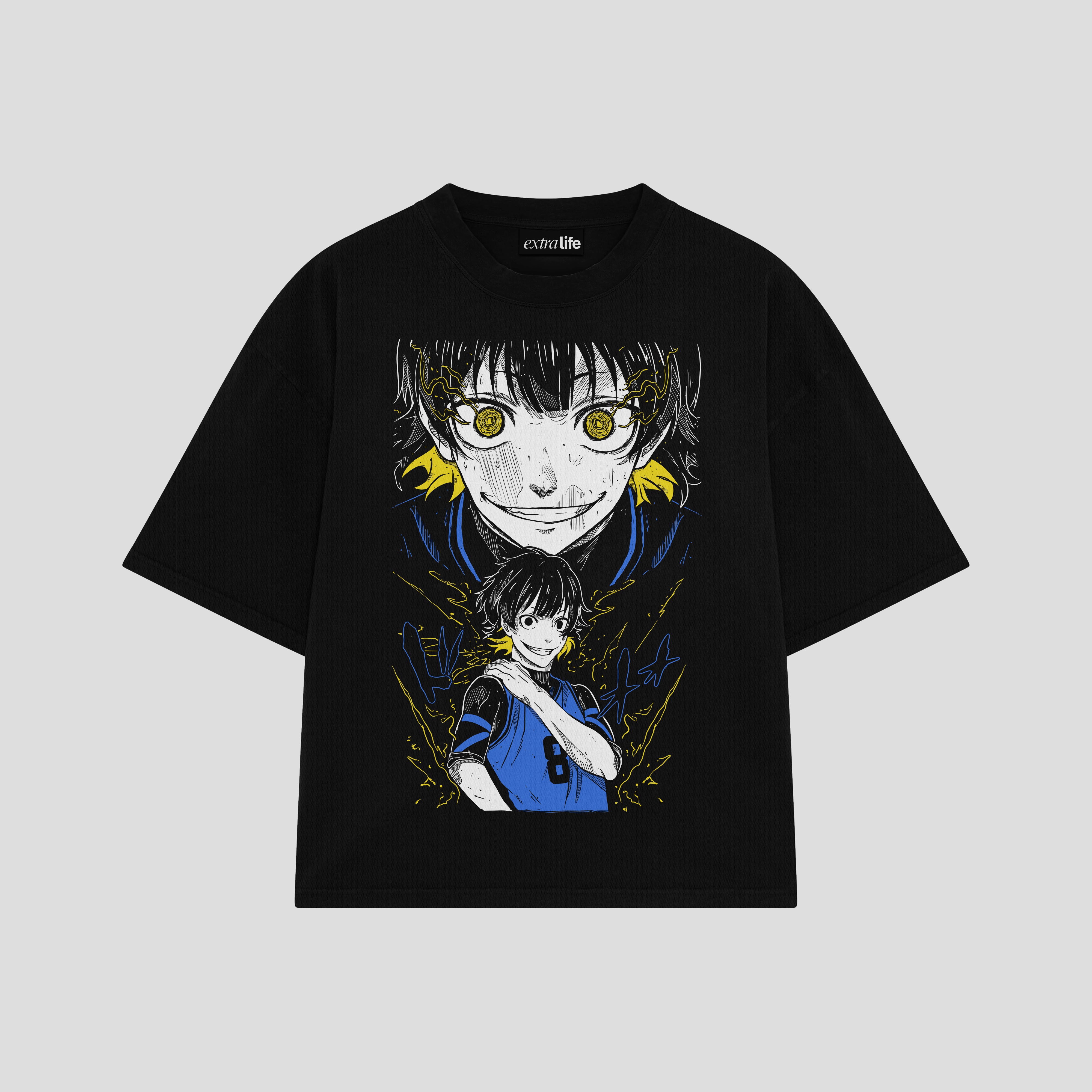 Playera streetwear premium de anime y gaming ExtraLife MX, corte boxy oversized drop shoulder heavyweight en color Deep Black y Off-White, moda urbana mexicana de culto.