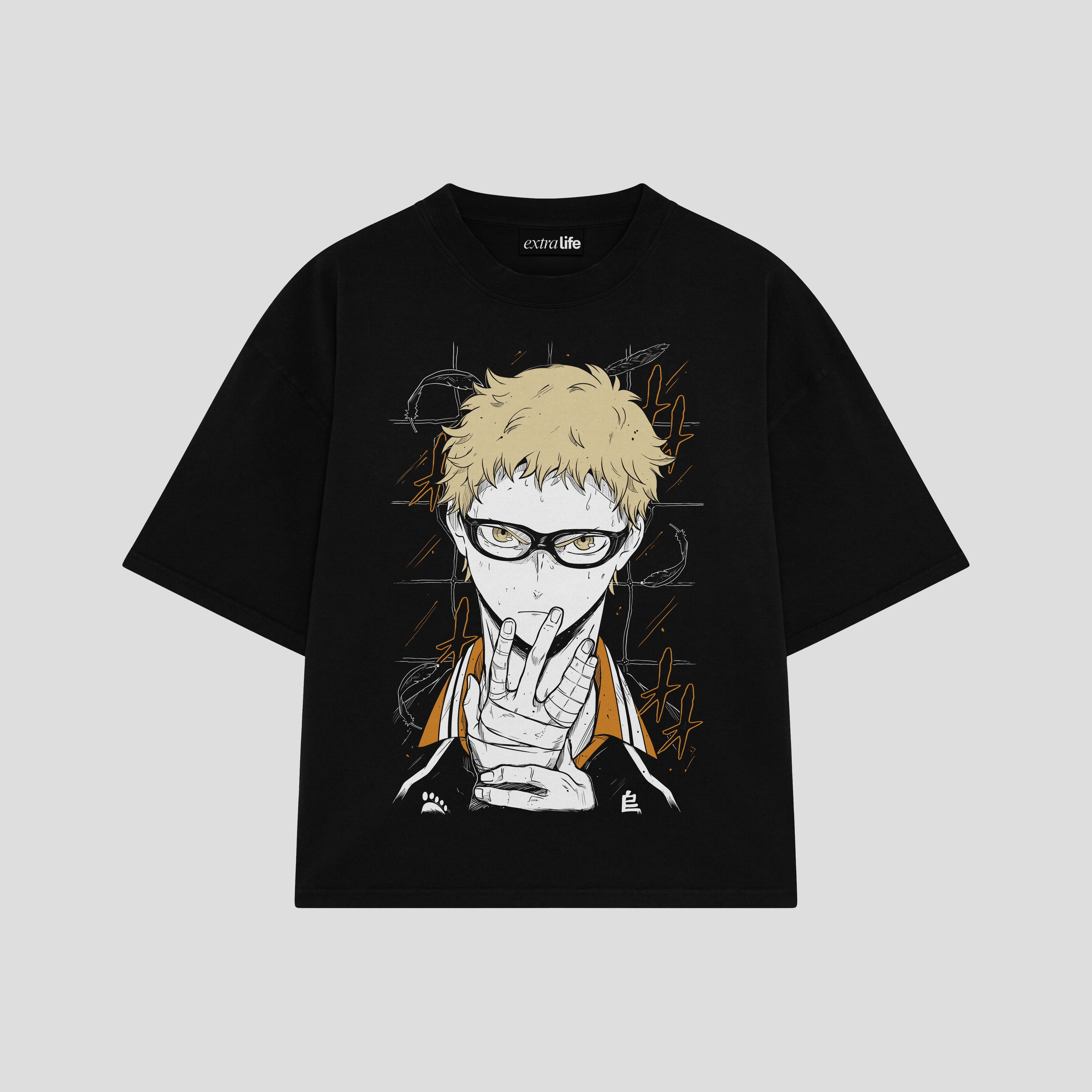Playera streetwear premium de anime y gaming ExtraLife MX, corte boxy oversized drop shoulder heavyweight en color Deep Black y Off-White, moda urbana mexicana de culto.