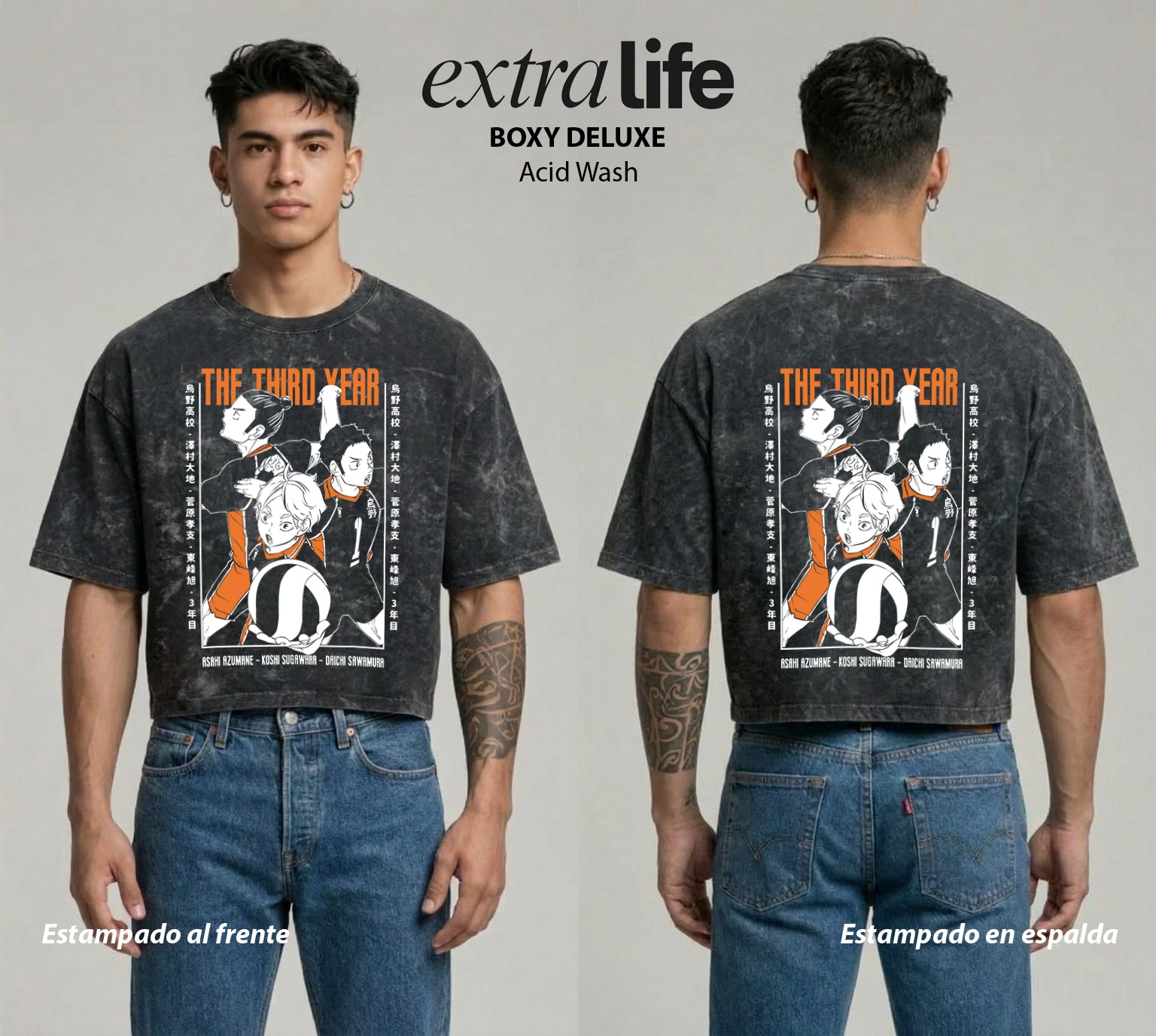Playera streetwear premium de anime y gaming ExtraLife MX, corte boxy deluxe mineral wash heavyweight en color Acid Wash, moda urbana mexicana de culto.
