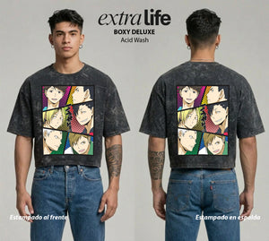 Playera streetwear premium de anime y gaming ExtraLife MX, corte boxy deluxe mineral wash heavyweight en color Acid Wash, moda urbana mexicana de culto.