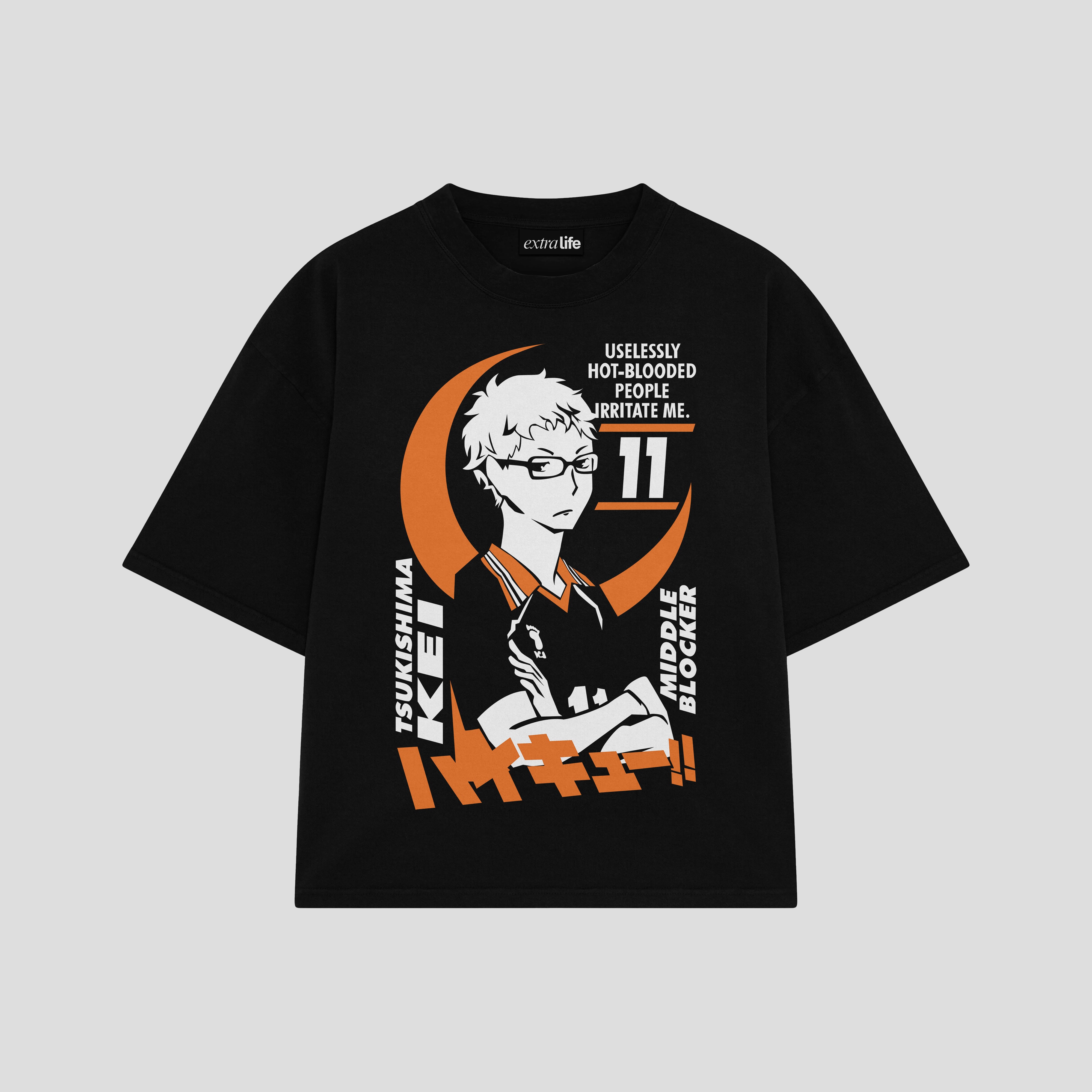 Playera streetwear premium de anime y gaming ExtraLife MX, corte boxy oversized drop shoulder heavyweight en color Deep Black y Off-White, moda urbana mexicana de culto.