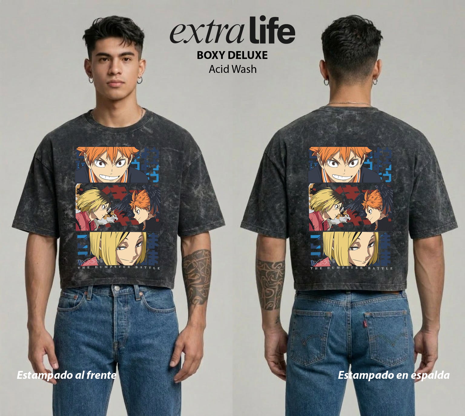 Playera streetwear premium de anime y gaming ExtraLife MX, corte boxy deluxe mineral wash heavyweight en color Acid Wash, moda urbana mexicana de culto.