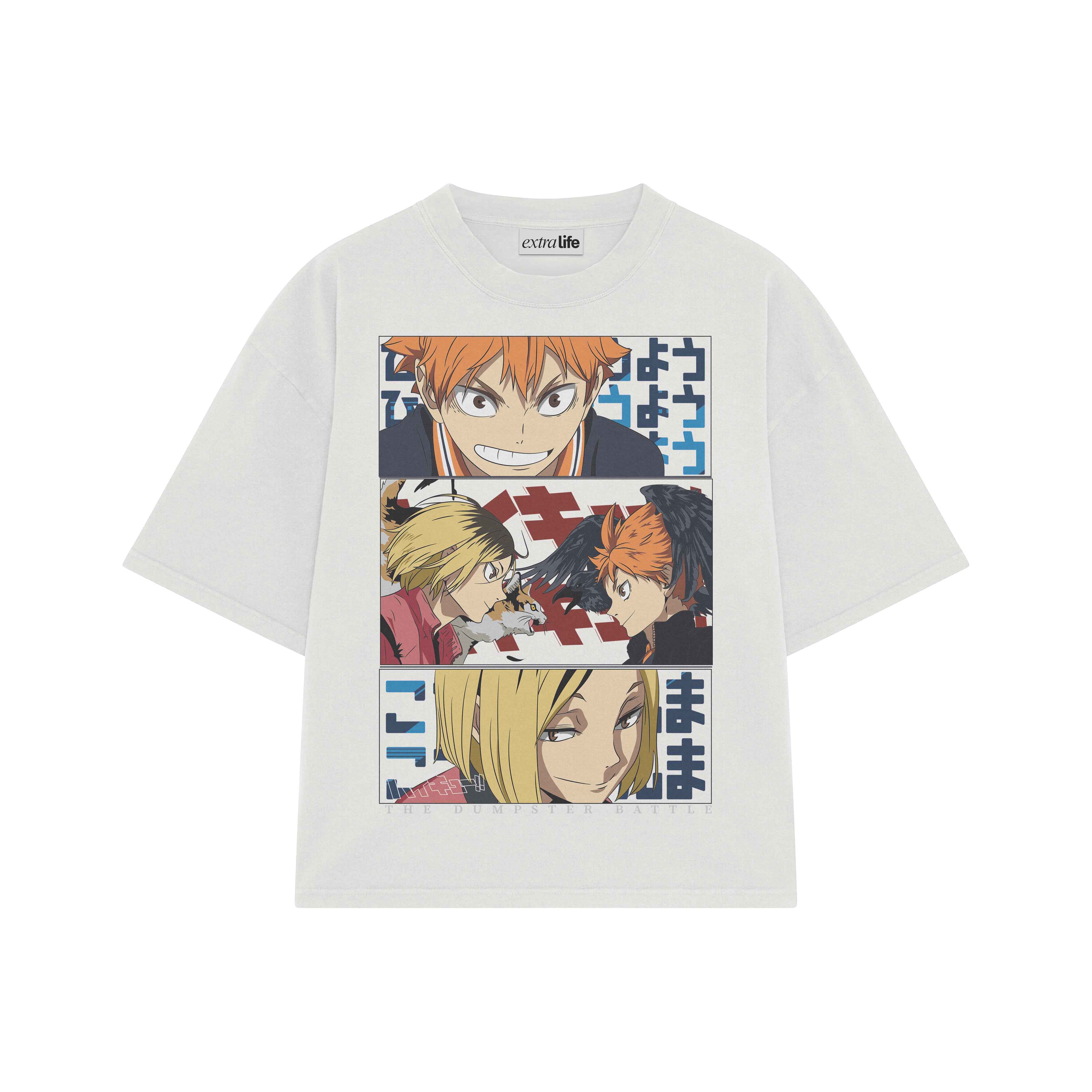 Playera streetwear premium de anime y gaming ExtraLife MX, corte boxy oversized drop shoulder heavyweight en color Deep Black y Off-White, moda urbana mexicana de culto.