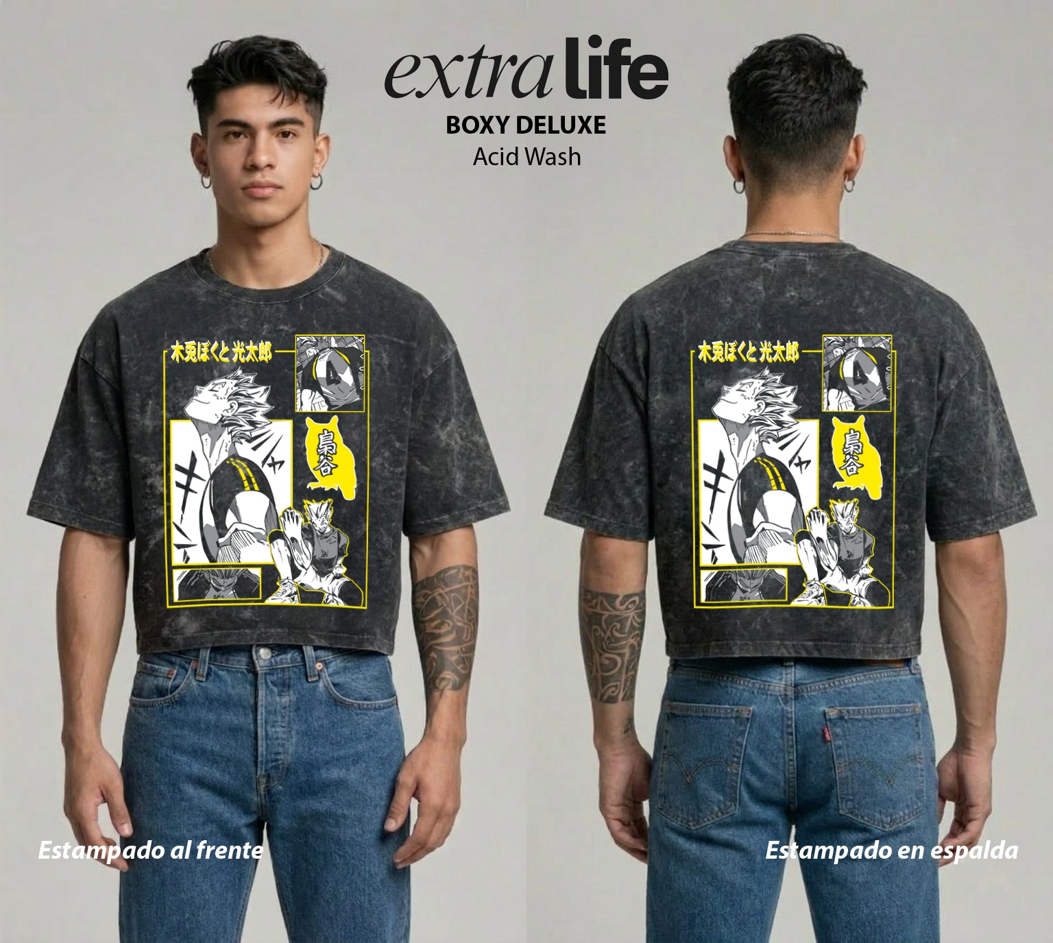 Playera streetwear premium de anime y gaming ExtraLife MX, corte boxy deluxe mineral wash heavyweight en color Acid Wash, moda urbana mexicana de culto.