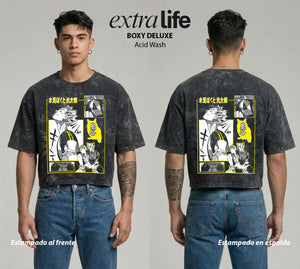 Playera streetwear premium de anime y gaming ExtraLife MX, corte boxy deluxe mineral wash heavyweight en color Acid Wash, moda urbana mexicana de culto.