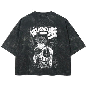 Playera streetwear premium de anime y gaming ExtraLife MX, corte boxy deluxe mineral wash heavyweight en color Acid Wash, moda urbana mexicana de culto.
