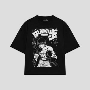 Playera streetwear premium de anime y gaming ExtraLife MX, corte boxy oversized drop shoulder heavyweight en color Deep Black y Off-White, moda urbana mexicana de culto.