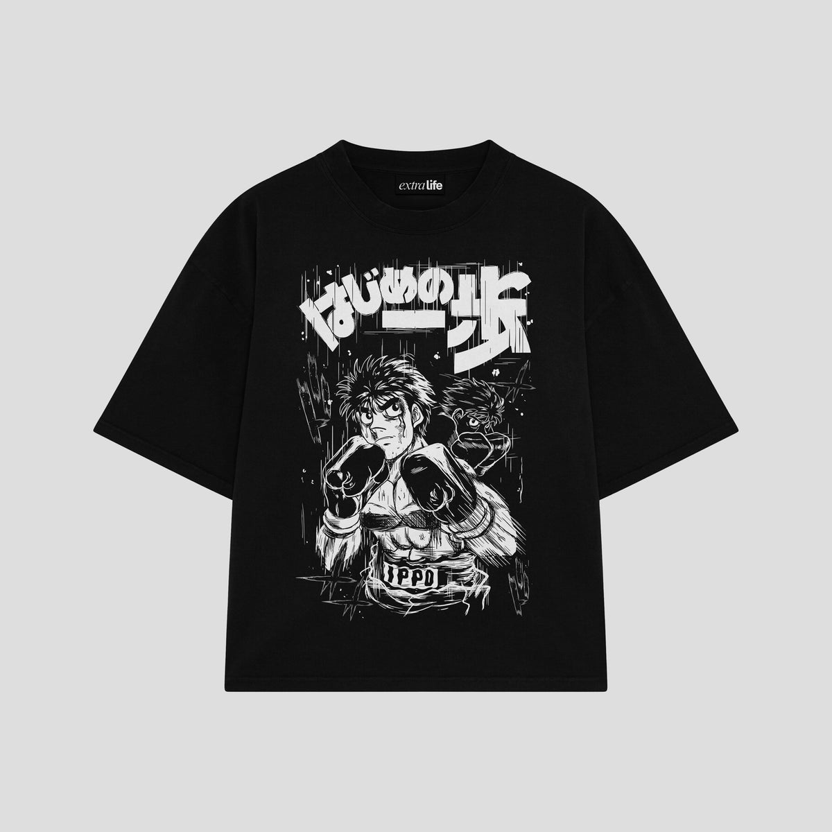 Playera streetwear premium de anime y gaming ExtraLife MX, corte oversized drop shoulder ligero y fresco en color Deep Black y Off-White, moda urbana mexicana de culto.
