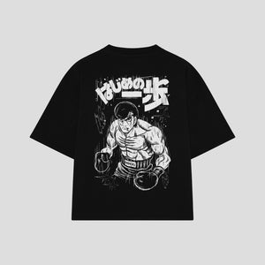 Playera streetwear premium de anime y gaming ExtraLife MX, corte boxy oversized drop shoulder heavyweight en color Deep Black y Off-White, moda urbana mexicana de culto.