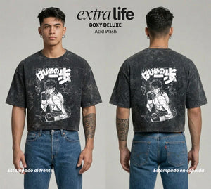 Playera streetwear premium de anime y gaming ExtraLife MX, corte boxy deluxe mineral wash heavyweight en color Acid Wash, moda urbana mexicana de culto.