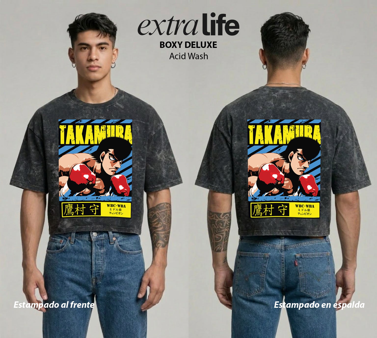Playera streetwear premium de anime y gaming ExtraLife MX, corte boxy deluxe mineral wash heavyweight en color Acid Wash, moda urbana mexicana de culto.