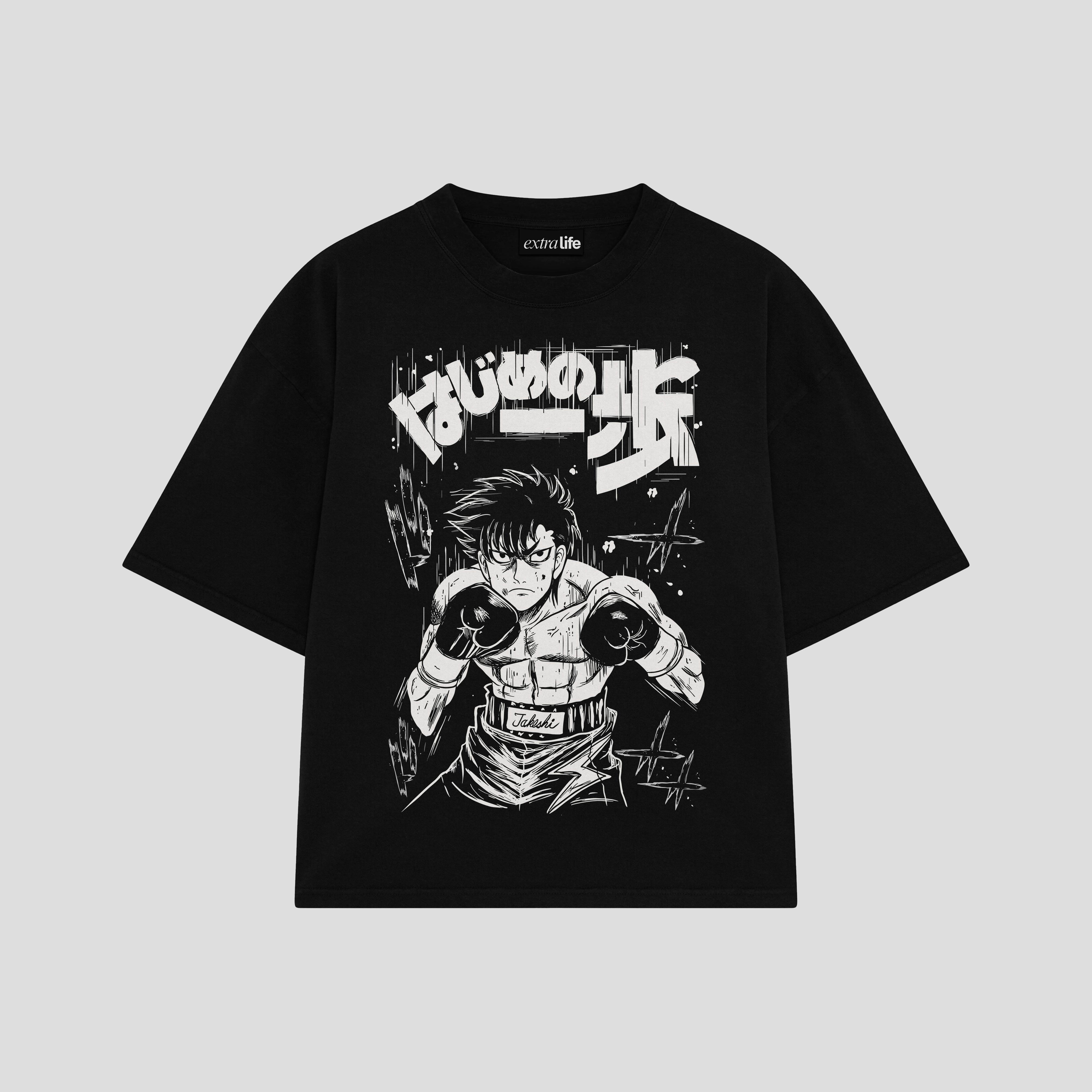 Playera streetwear premium de anime y gaming ExtraLife MX, corte boxy oversized drop shoulder heavyweight en color Deep Black y Off-White, moda urbana mexicana de culto.