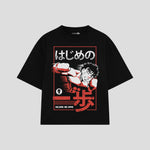 Playera streetwear premium de anime y gaming ExtraLife MX, corte boxy oversized drop shoulder heavyweight en color Deep Black y Off-White, moda urbana mexicana de culto.