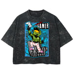 Playera streetwear premium de anime y gaming ExtraLife MX, corte boxy deluxe mineral wash heavyweight en color Acid Wash, moda urbana mexicana de culto.