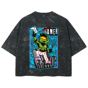 Playera streetwear premium de anime y gaming ExtraLife MX, corte boxy deluxe mineral wash heavyweight en color Acid Wash, moda urbana mexicana de culto.