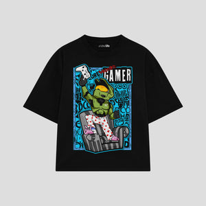 Playera streetwear premium de anime y gaming ExtraLife MX, corte boxy oversized drop shoulder heavyweight en color Deep Black y Off-White, moda urbana mexicana de culto.