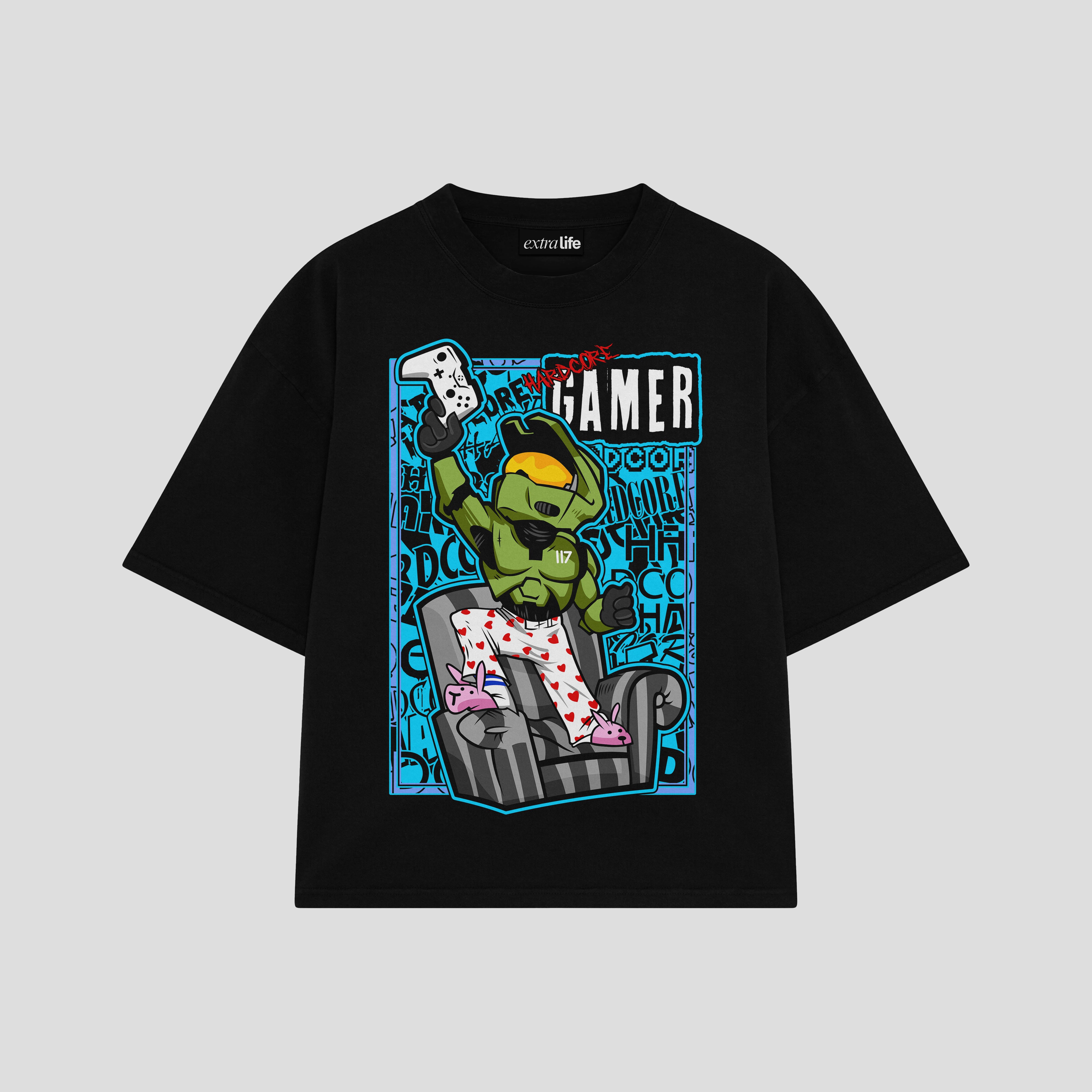 Playera streetwear premium de anime y gaming ExtraLife MX, corte boxy oversized drop shoulder heavyweight en color Deep Black y Off-White, moda urbana mexicana de culto.