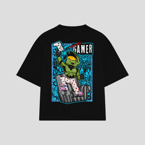 Playera streetwear premium de anime y gaming ExtraLife MX, corte boxy oversized drop shoulder heavyweight en color Deep Black y Off-White, moda urbana mexicana de culto.