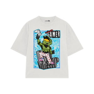 Playera streetwear premium de anime y gaming ExtraLife MX, corte boxy oversized drop shoulder heavyweight en color Deep Black y Off-White, moda urbana mexicana de culto.