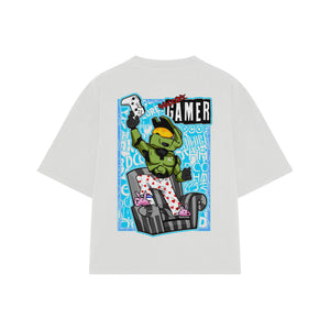 Playera streetwear premium de anime y gaming ExtraLife MX, corte boxy oversized drop shoulder heavyweight en color Deep Black y Off-White, moda urbana mexicana de culto.