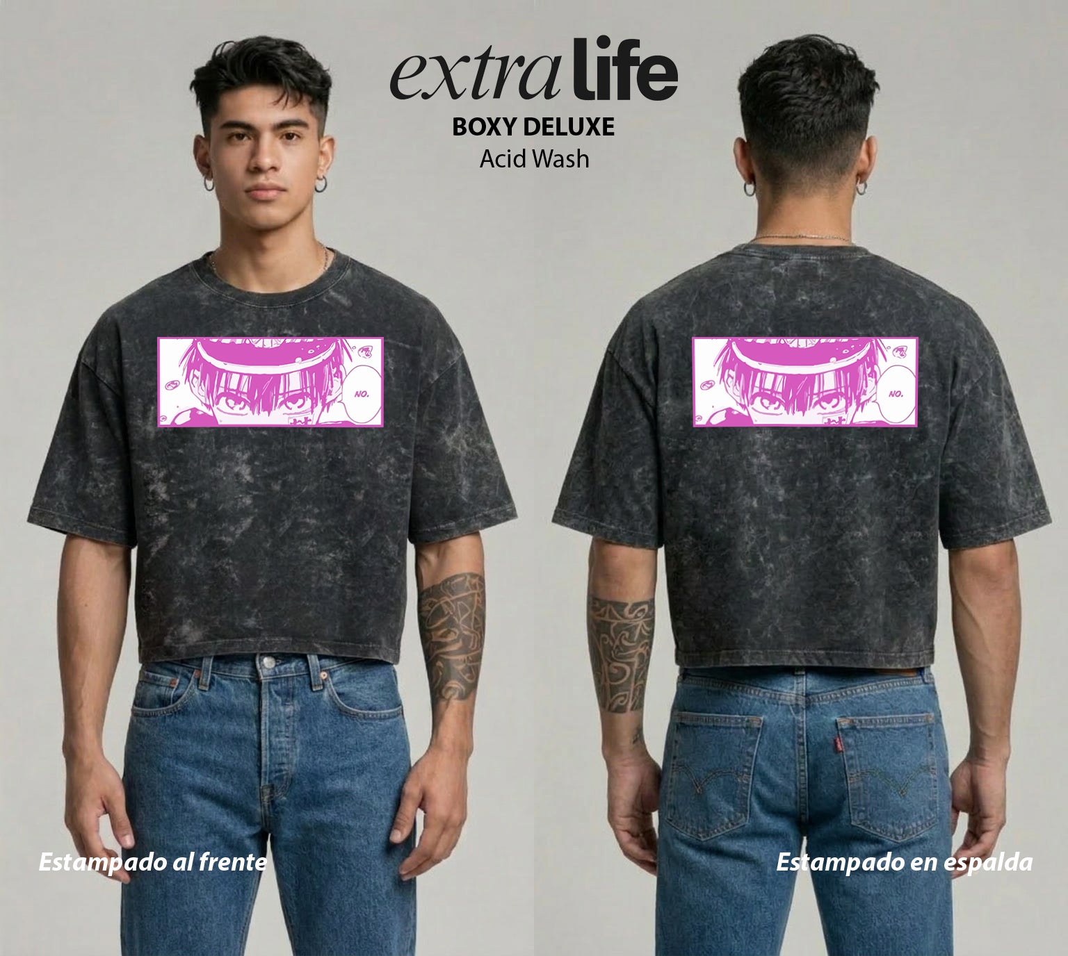 Playera streetwear premium de anime y gaming ExtraLife MX, corte boxy deluxe mineral wash heavyweight en color Acid Wash, moda urbana mexicana de culto.