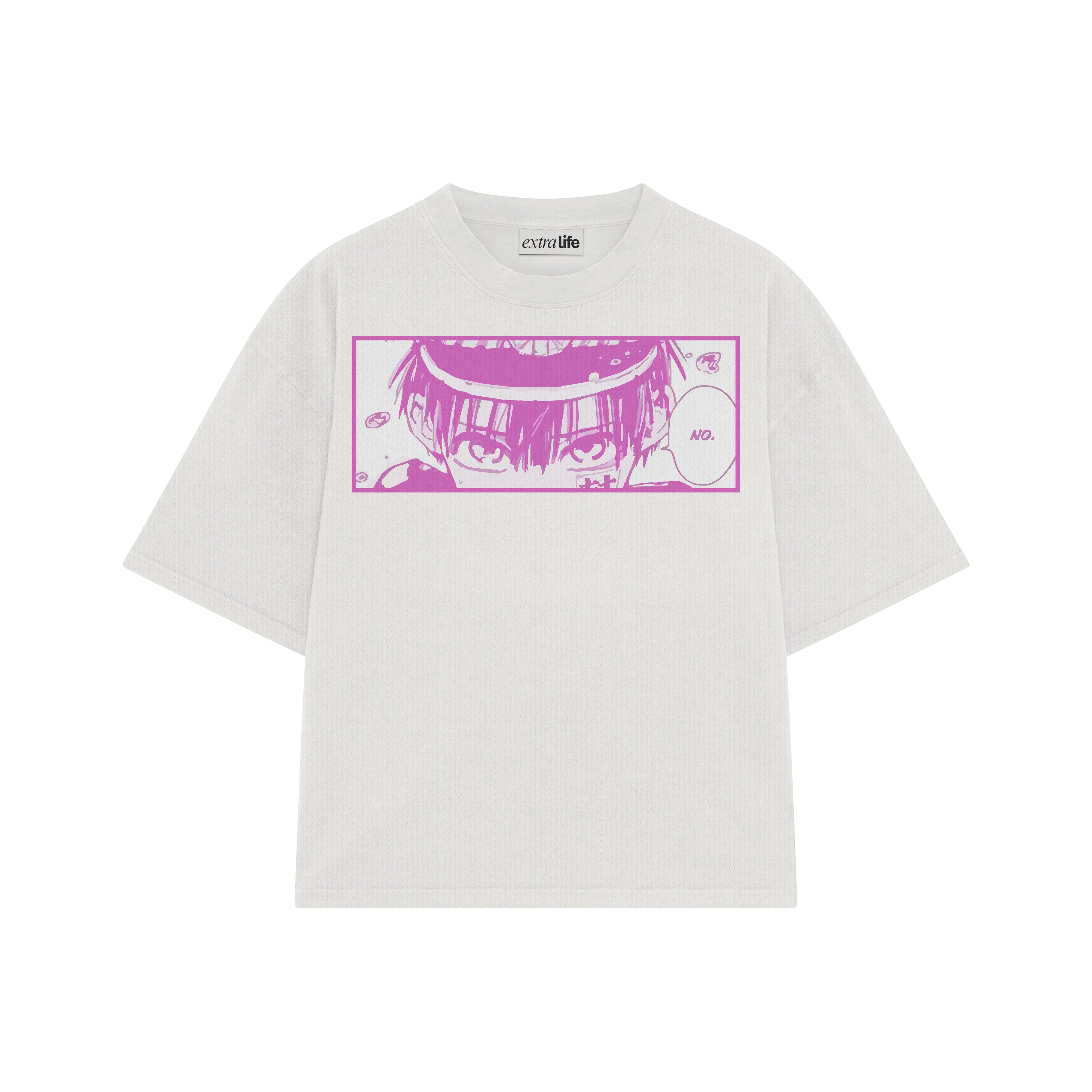 Playera streetwear premium de anime y gaming ExtraLife MX, corte boxy oversized drop shoulder heavyweight en color Deep Black y Off-White, moda urbana mexicana de culto.