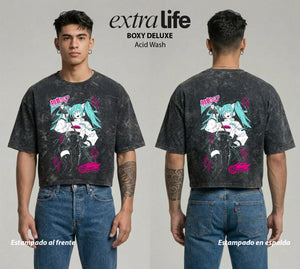 Playera streetwear premium de anime y gaming ExtraLife MX, corte boxy deluxe mineral wash heavyweight en color Acid Wash, moda urbana mexicana de culto.