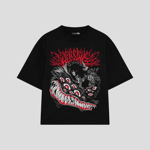 Playera streetwear premium de anime y gaming ExtraLife MX, corte boxy oversized drop shoulder heavyweight en color Deep Black y Off-White, moda urbana mexicana de culto.