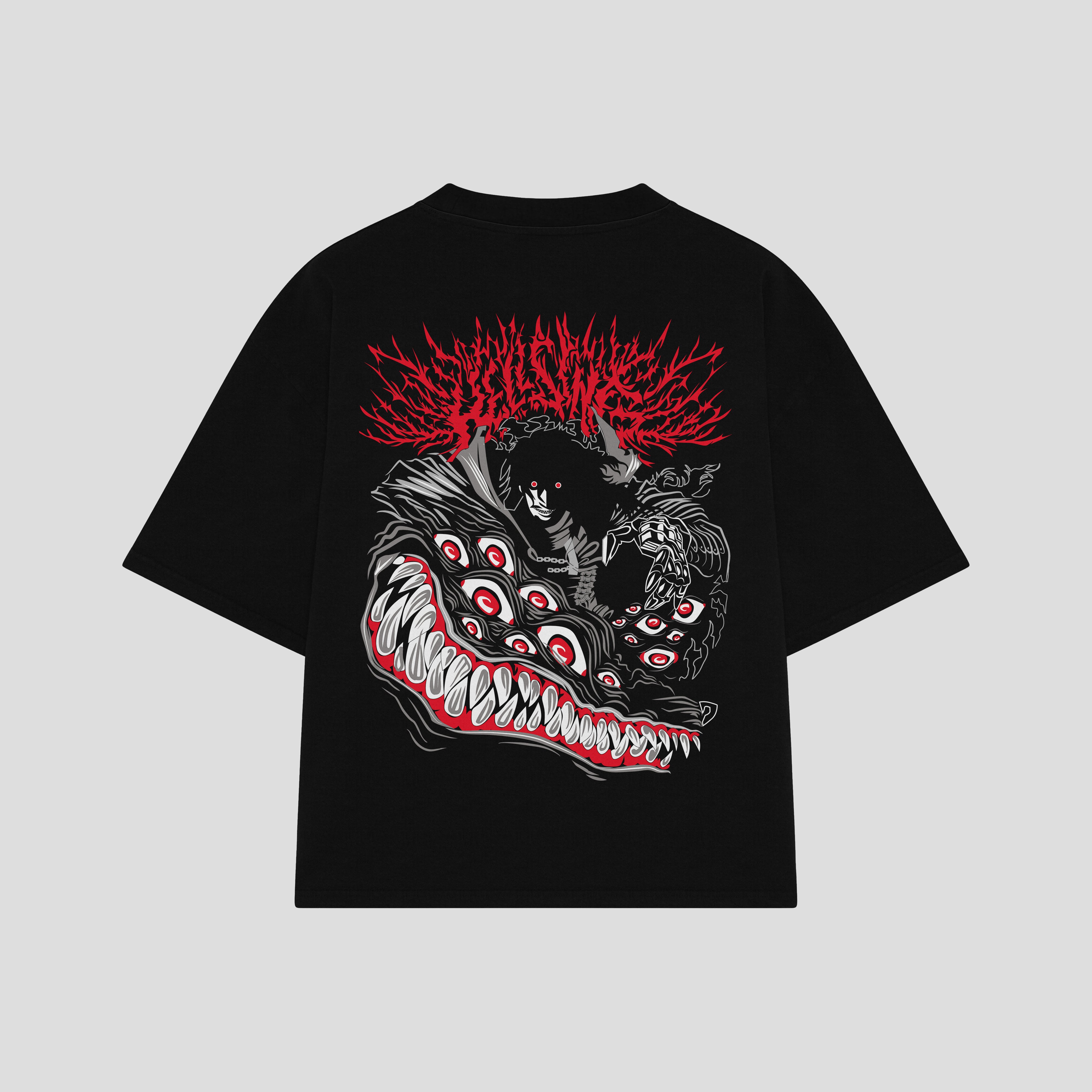 Playera streetwear premium de anime y gaming ExtraLife MX, corte boxy oversized drop shoulder heavyweight en color Deep Black y Off-White, moda urbana mexicana de culto.