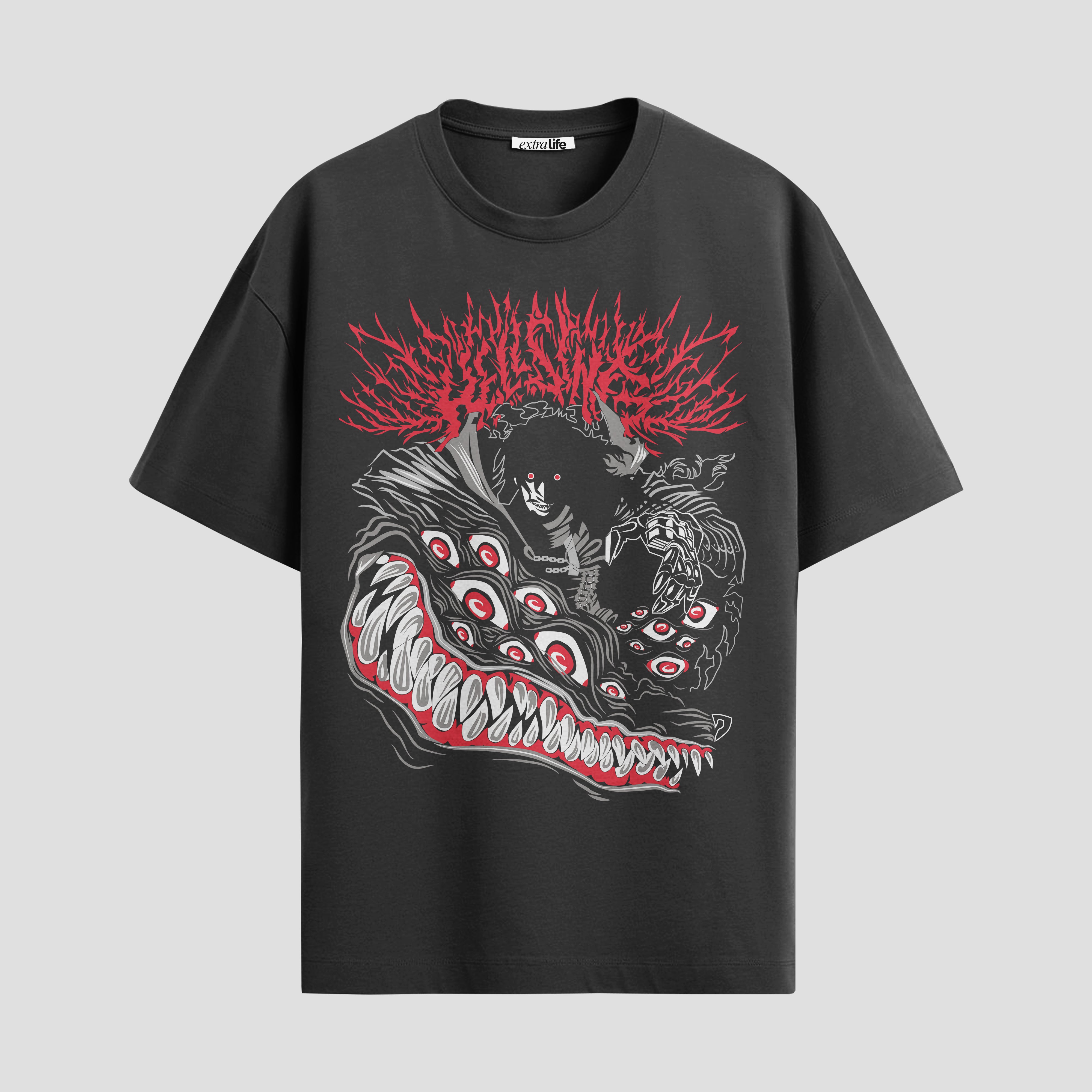 Playera urbana de anime y gaming ExtraLife MX, corte Standard Fit unisex ligero y transpirable en color Deep Black y Pure White, ropa de uso diario para gym y casual.