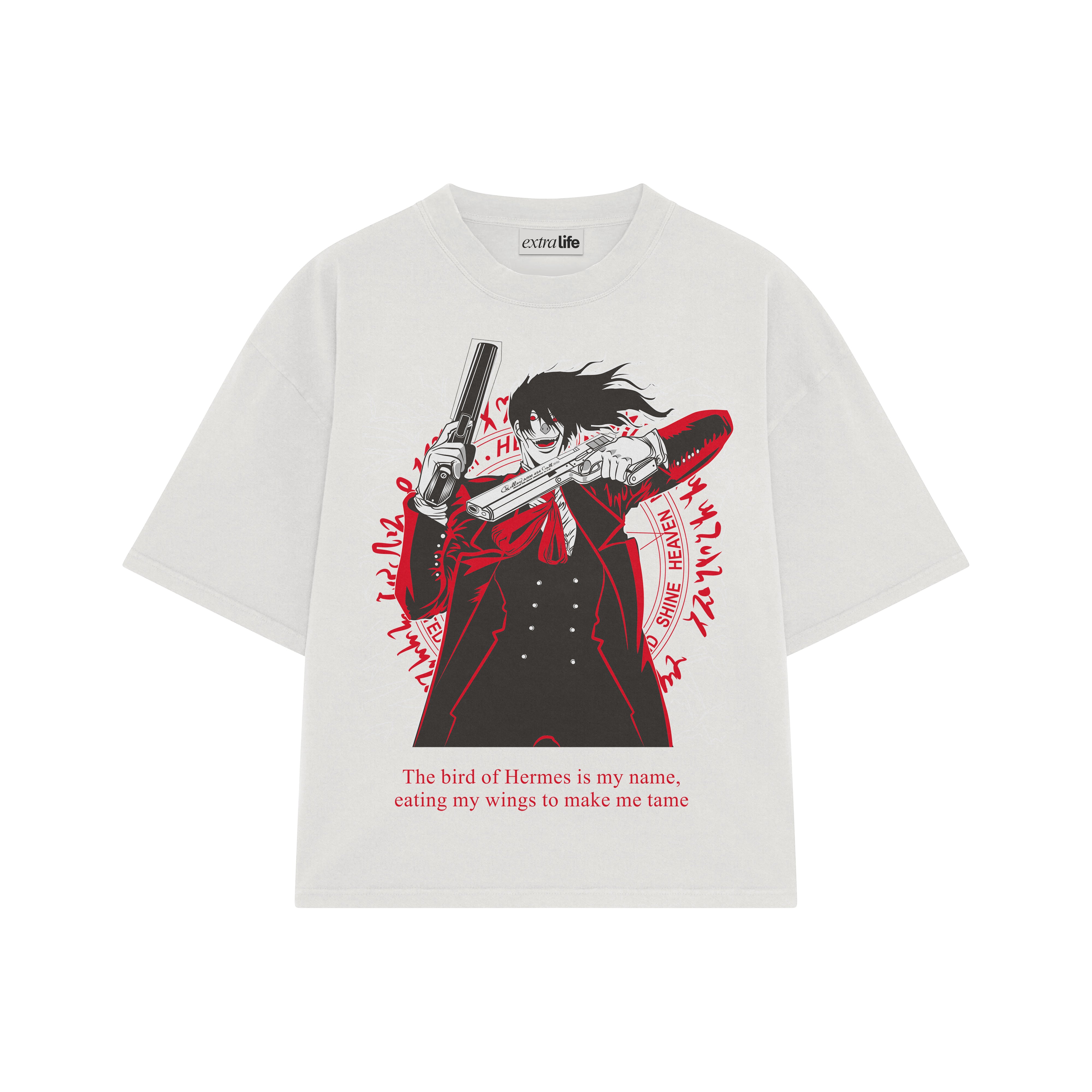 Playera streetwear premium de anime y gaming ExtraLife MX, corte boxy oversized drop shoulder heavyweight en color Deep Black y Off-White, moda urbana mexicana de culto.