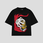 Playera streetwear premium de anime y gaming ExtraLife MX, corte boxy oversized drop shoulder heavyweight en color Deep Black y Off-White, moda urbana mexicana de culto.
