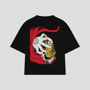Playera streetwear premium de anime y gaming ExtraLife MX, corte boxy oversized drop shoulder heavyweight en color Deep Black y Off-White, moda urbana mexicana de culto.